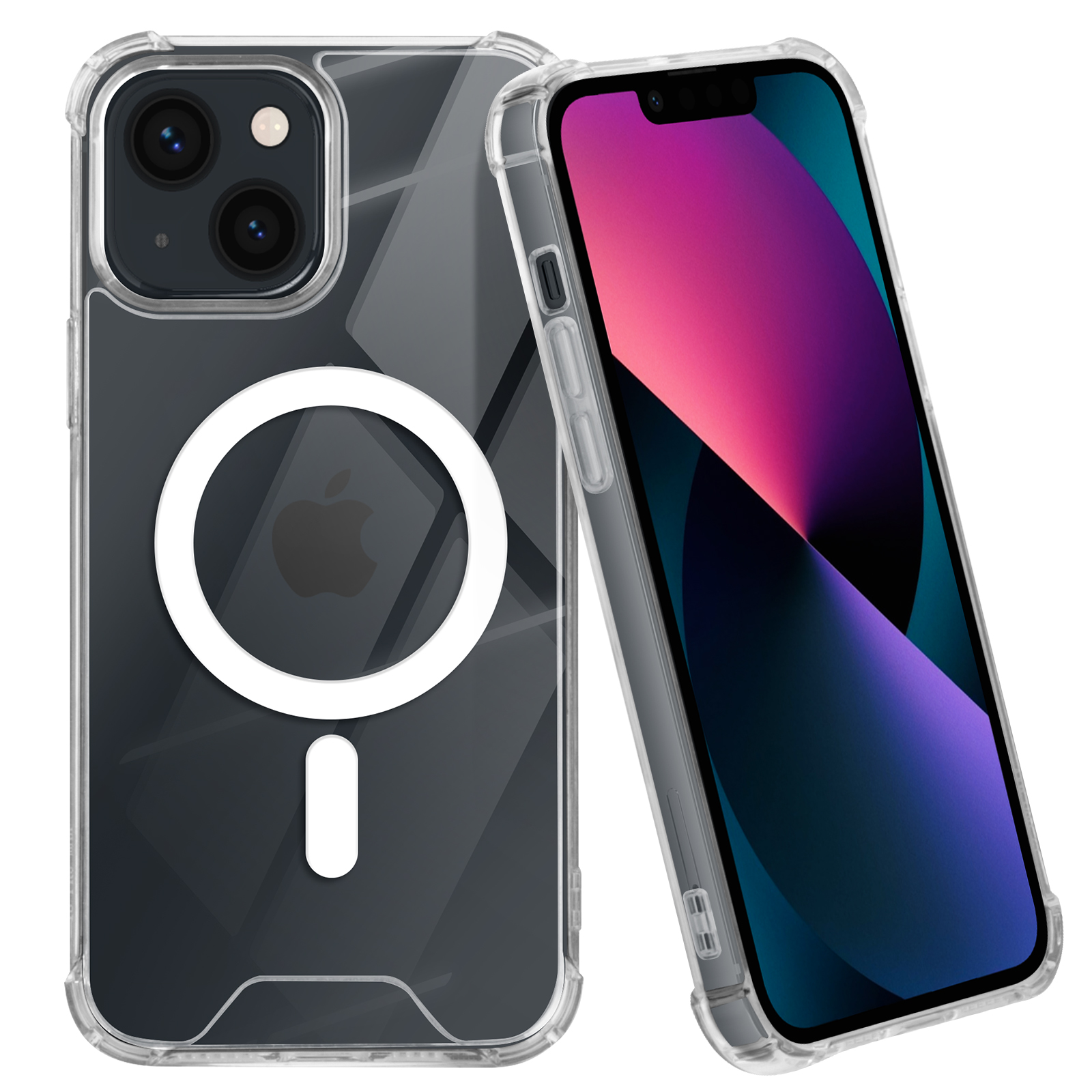 Coque transparente avec logo Apple blanc. Le téléphone a un écran coloré.