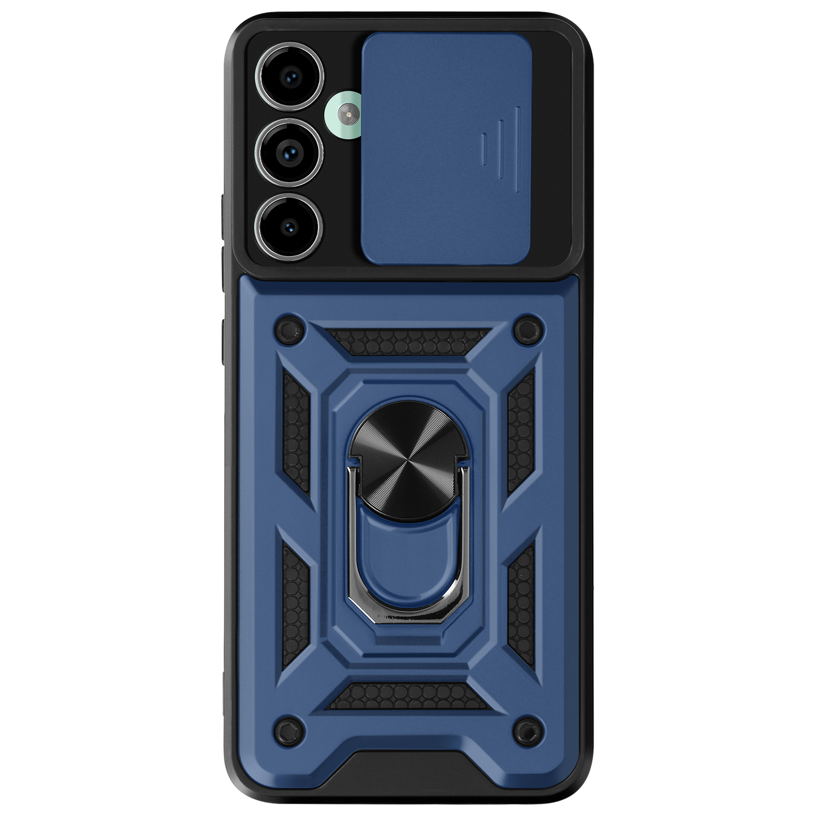 Custodia blu per telefono con copertura fotocamera e anello.