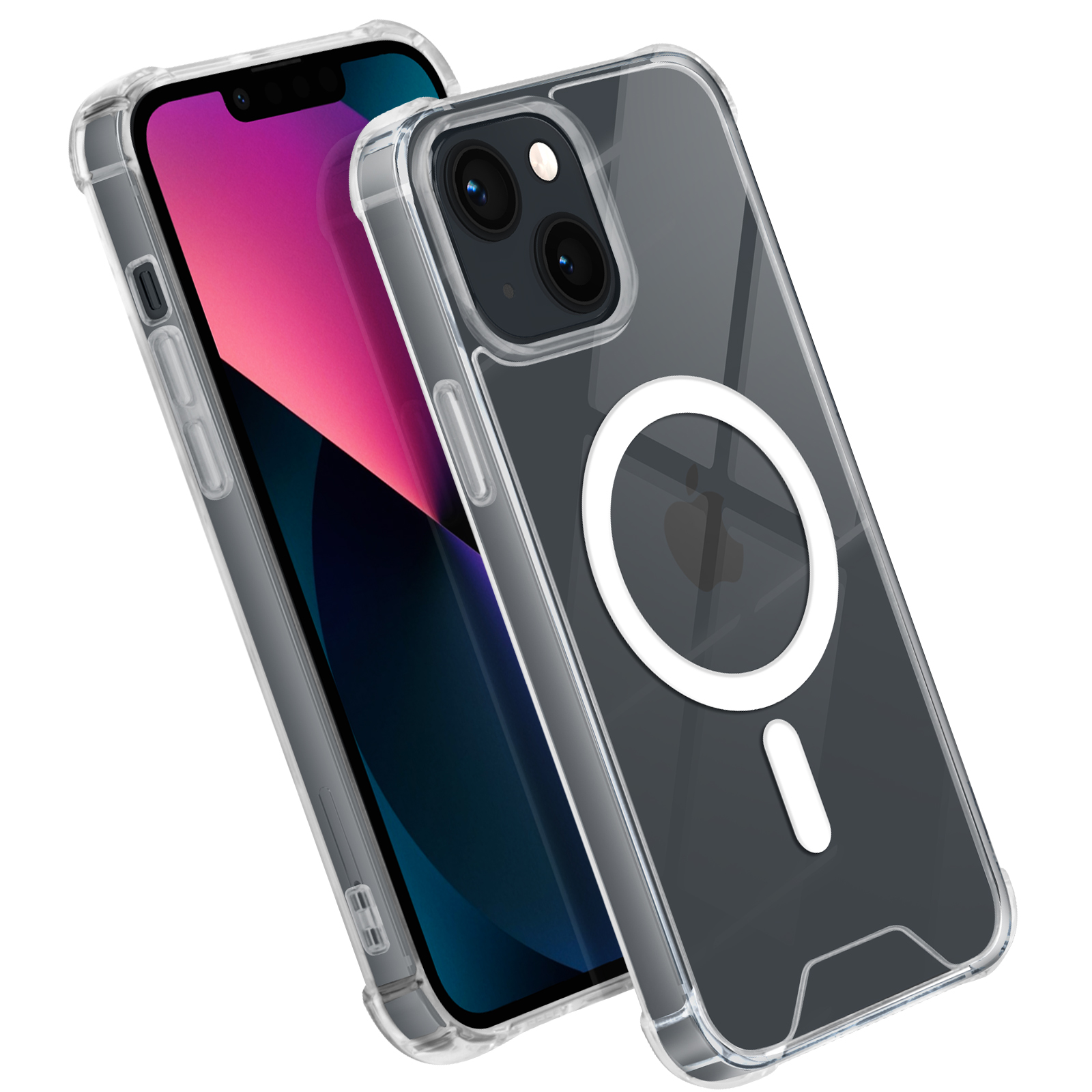 Coque transparente sur un téléphone. La coque a un anneau magnétique.