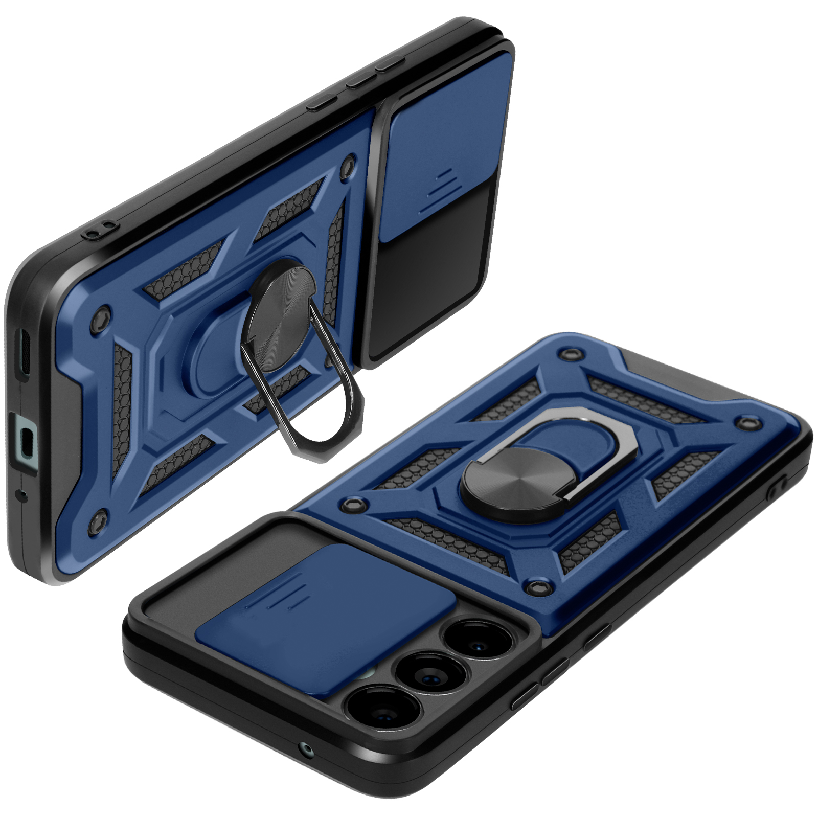 Custodie per telefono blu e nere con anello. Due custodie visualizzate.