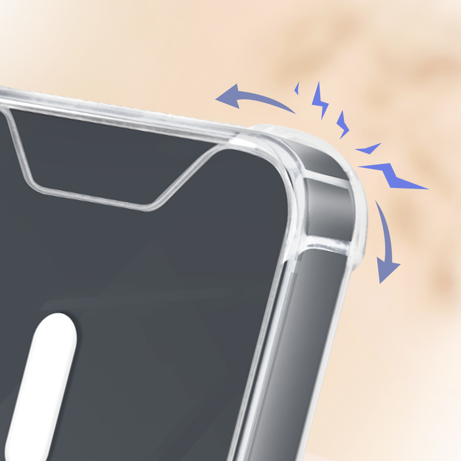 Gros plan d'une coque transparente, montrant les zones d'impact avec des flèches bleues.