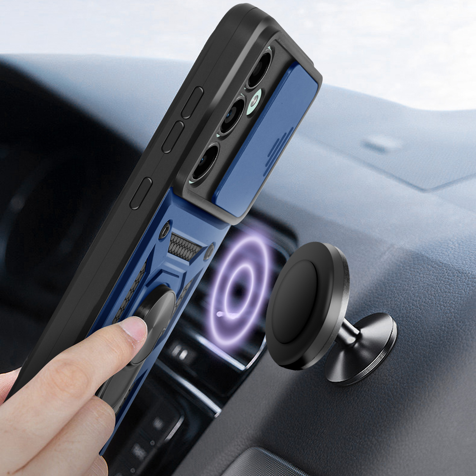Custodia per telefono con retro blu e cornice nera, attaccata a un supporto per auto.