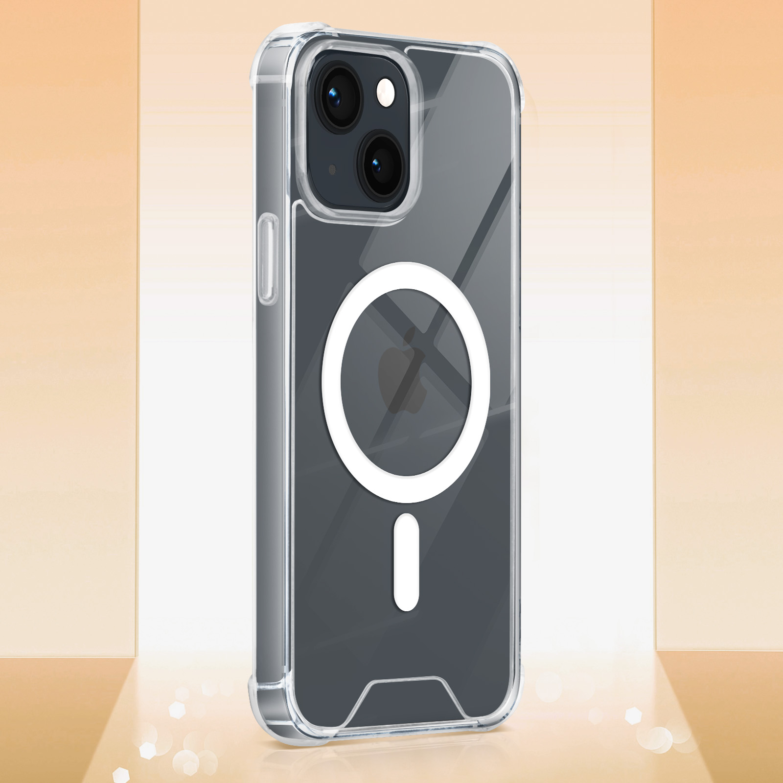 Une coque de téléphone transparente avec un anneau MagSafe et un téléphone à l'intérieur est présentée, sur fond blanc.