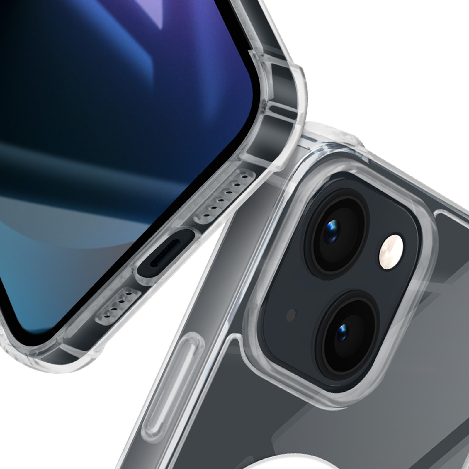 Gros plan sur une coque de téléphone transparente protégeant un smartphone. La coque montre les détails de la caméra.