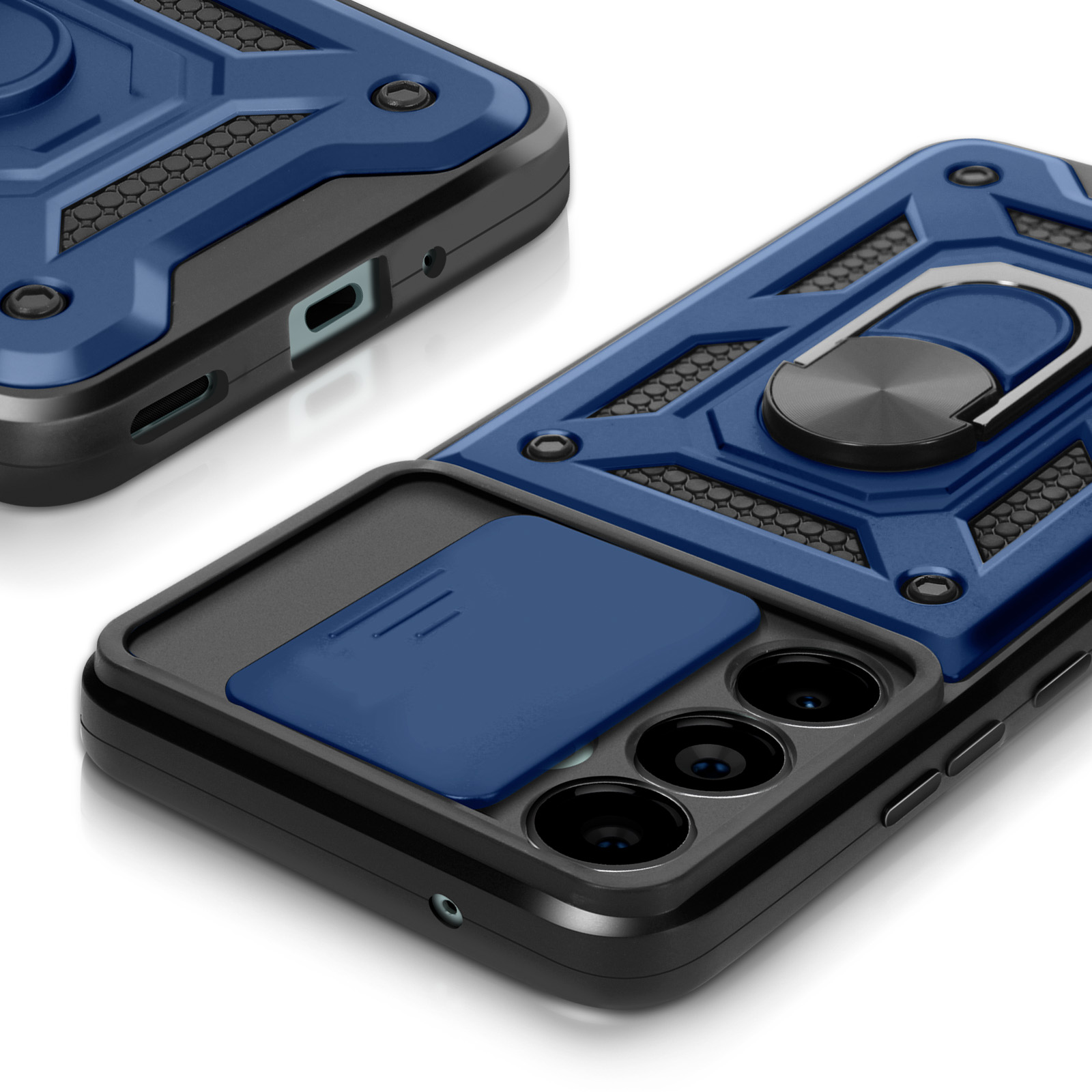Custodia per telefono blu e nera con copertura per fotocamera e supporto ad anello. Sfondo bianco.