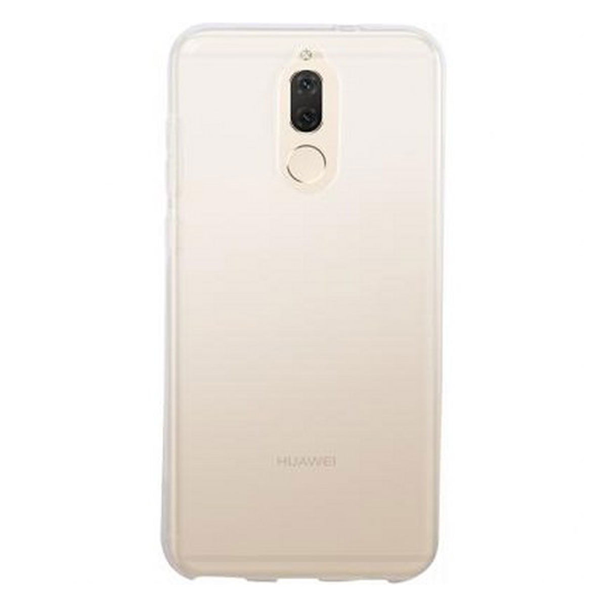 Custodia trasparente per telefono su un telefono colorato chiaro. Vista posteriore con fotocamera e logo Huawei.