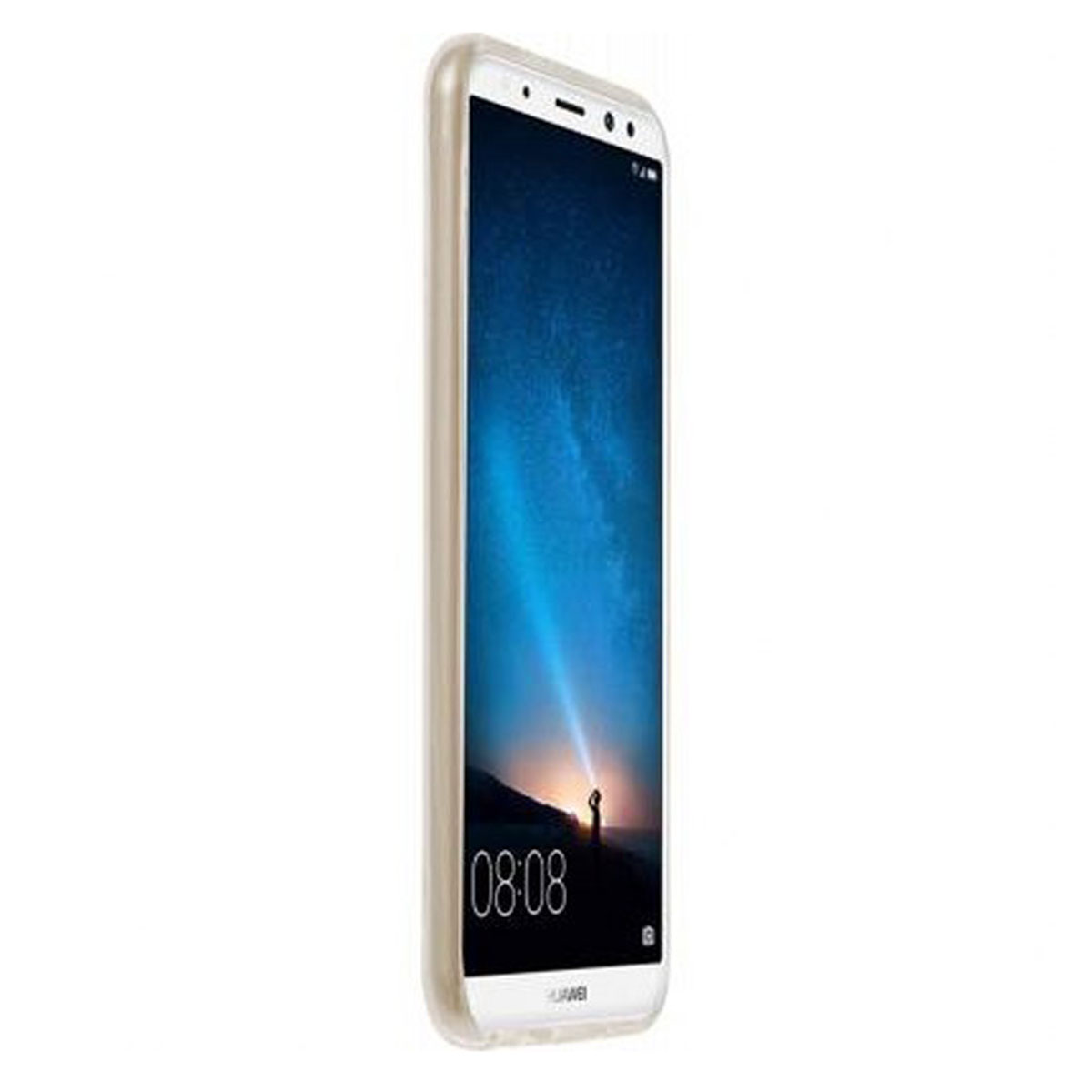 Un telefono dorato su sfondo bianco. Lo schermo mostra una scena blu scuro.