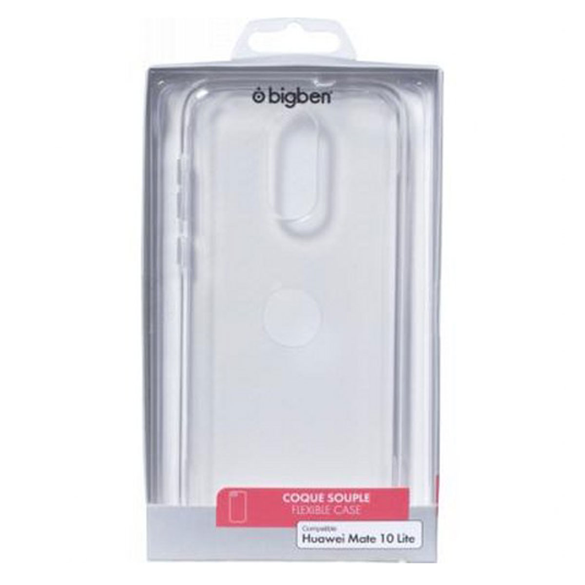Custodia trasparente per telefono in una scatola. La custodia è per un Huawei Mate 10 Lite. Logo Bigben in alto.