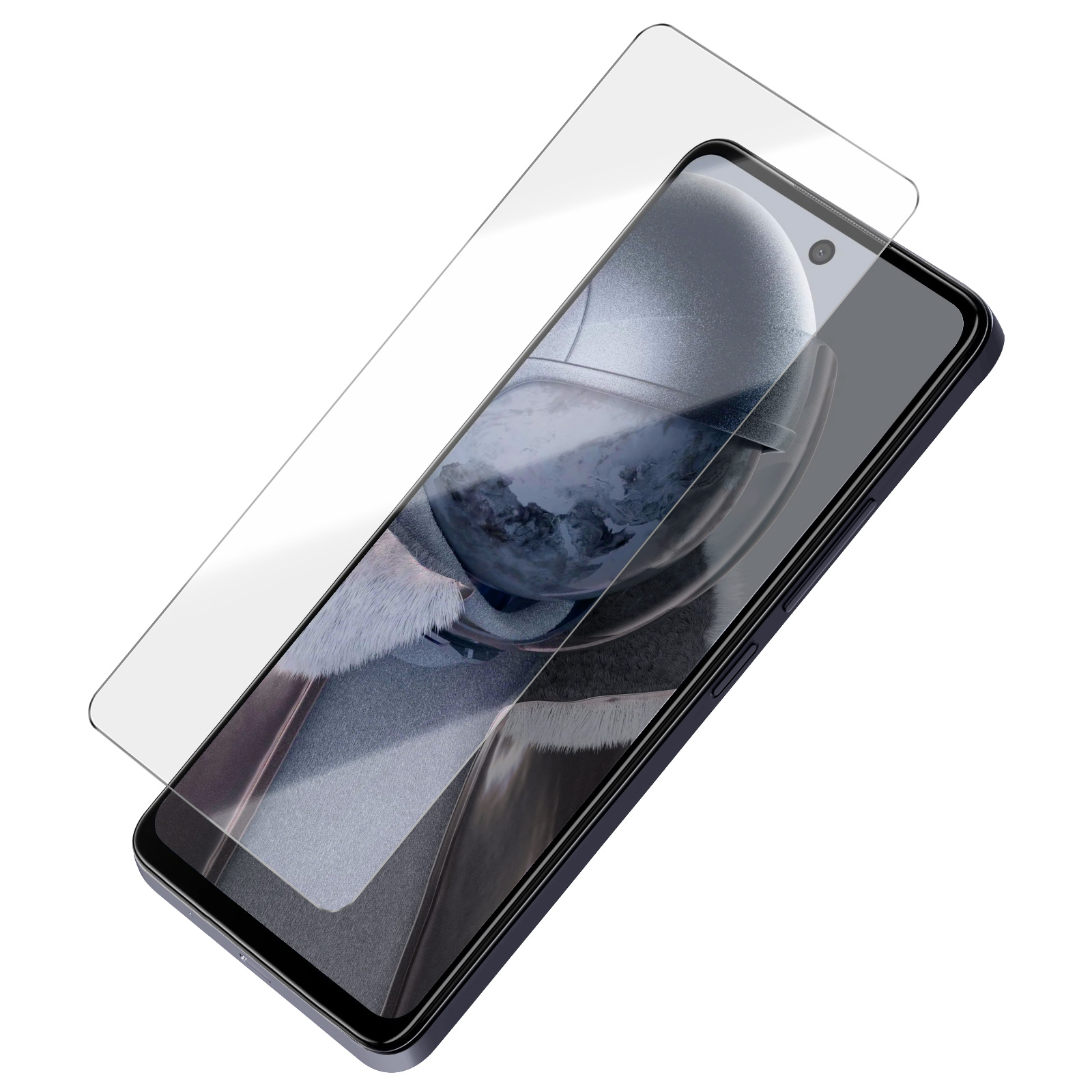 Telefono con protezione schermo applicata. Sfondo bianco.