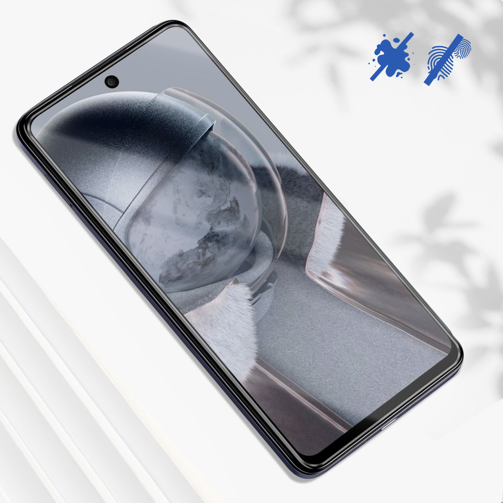 Un telefono con uno schermo che mostra un pianeta e arte astratta. Ci sono due icone in alto a destra.