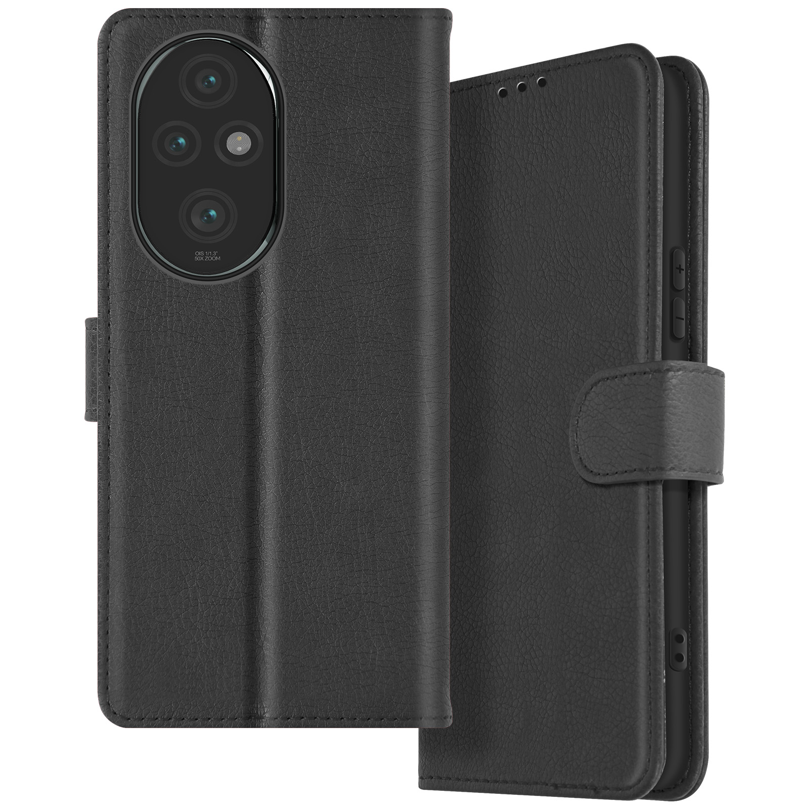 Schwarze Leder-Handyhülle, geschlossen. Ein Telefon ist in der Hülle. Der Hintergrund ist weiß.