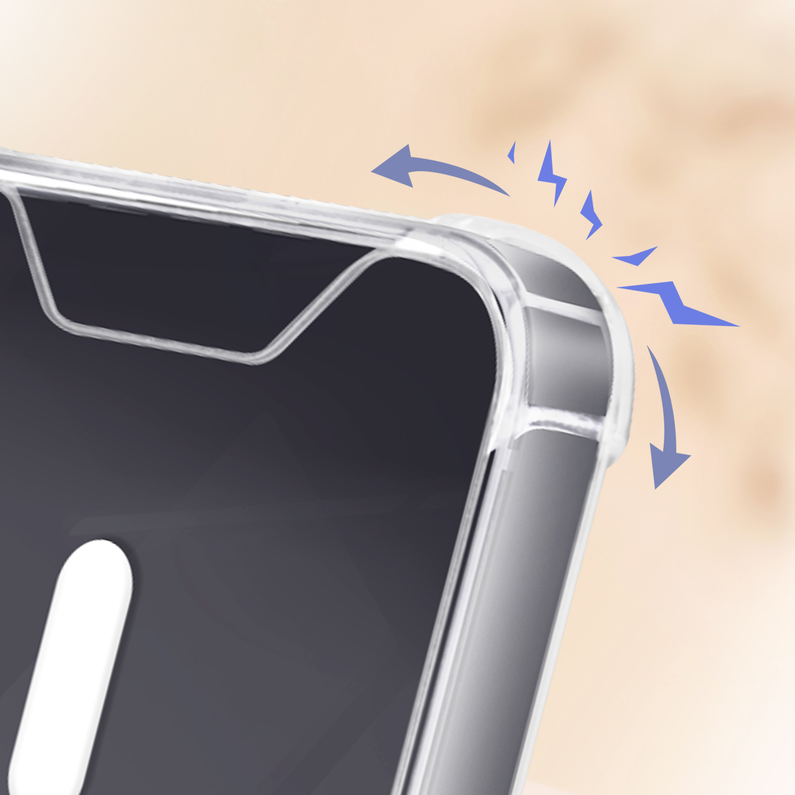 Angolo di custodia trasparente per telefono, con grafica a fulmine. La custodia è trasparente.