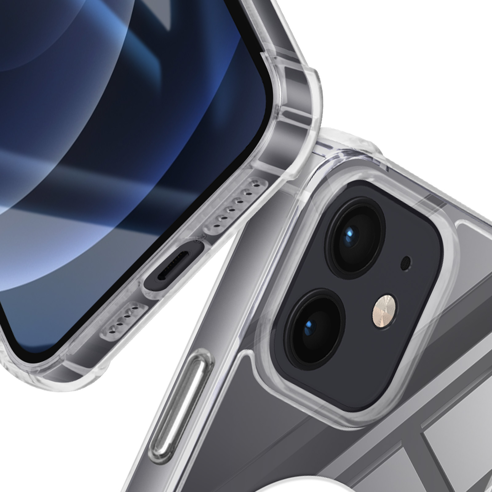 Custodia trasparente per telefono, mostra un telefono. Primo piano della fotocamera e pulsanti laterali, su bianco.