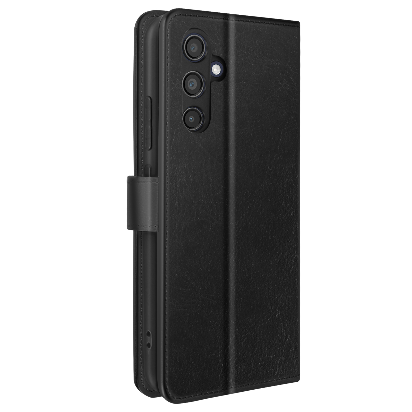 Custodia per telefono in pelle nera con chiusura magnetica, telefono e tre obiettivi.