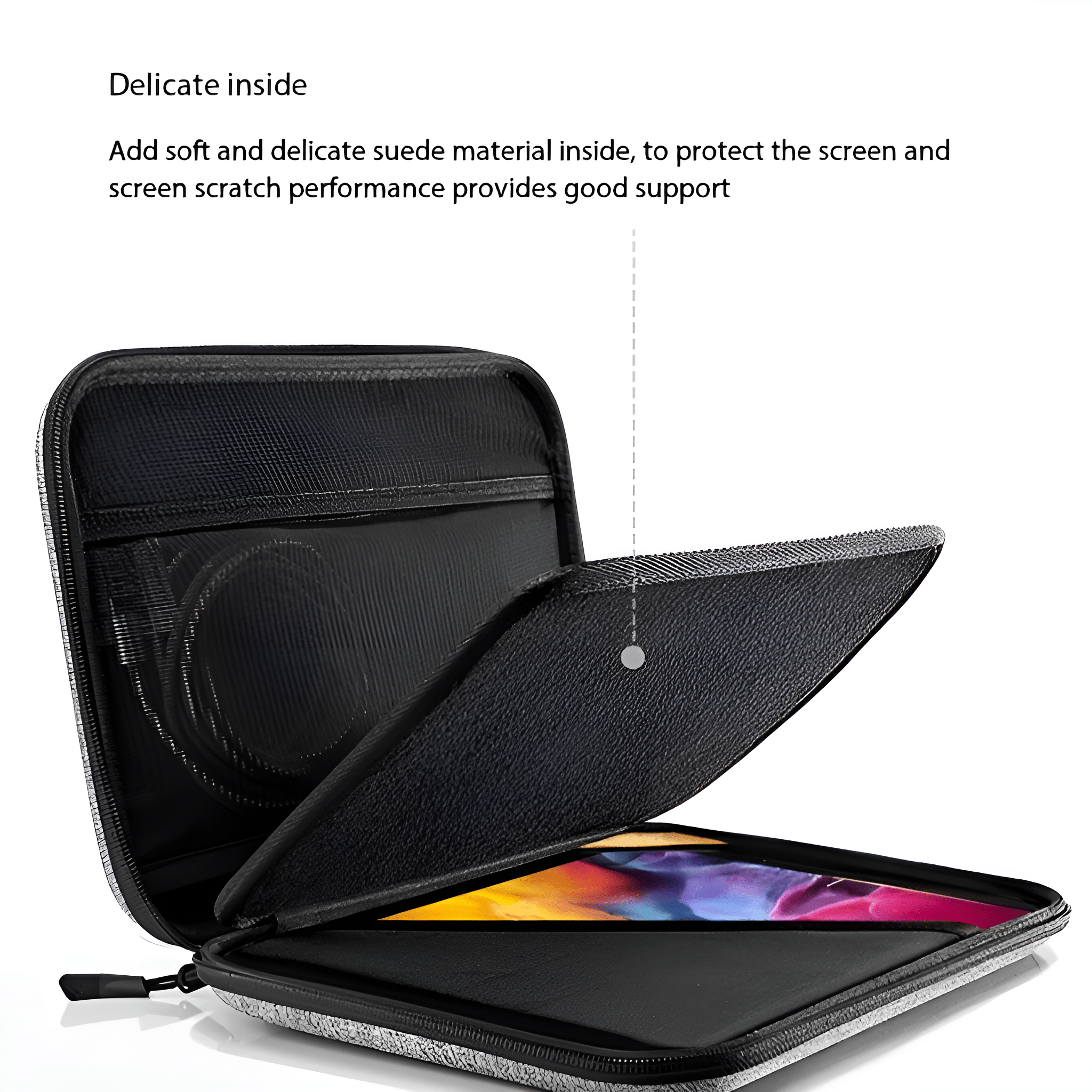 Ein offener grauer Koffer mit einem Tablet und Stift im Inneren, mit Text über das Innenmaterial.