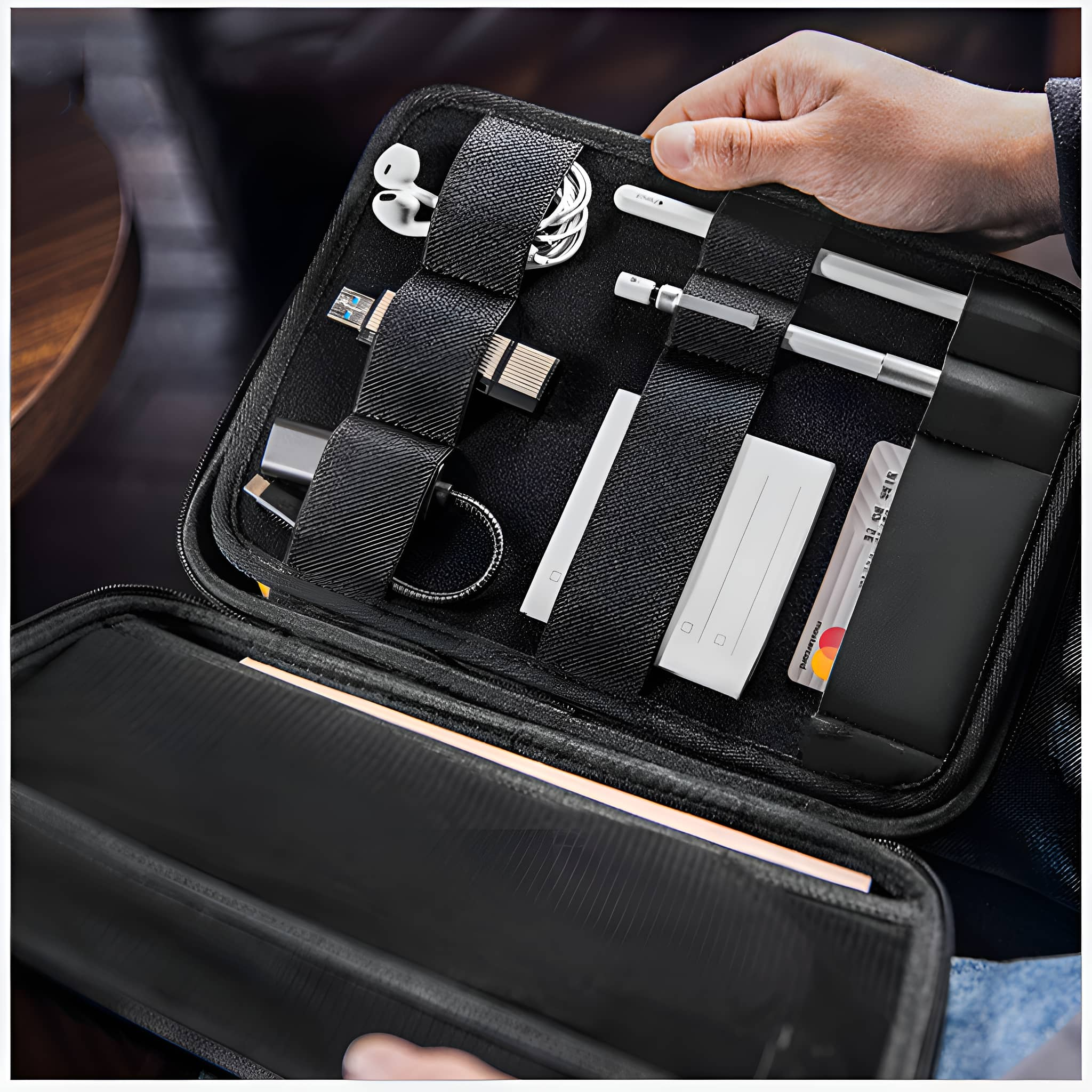 Geöffnete schwarze Hülle mit technischem Zubehör: Kopfhörer, USB-Laufwerke, Stift und Karten, ordentlich angeordnet.