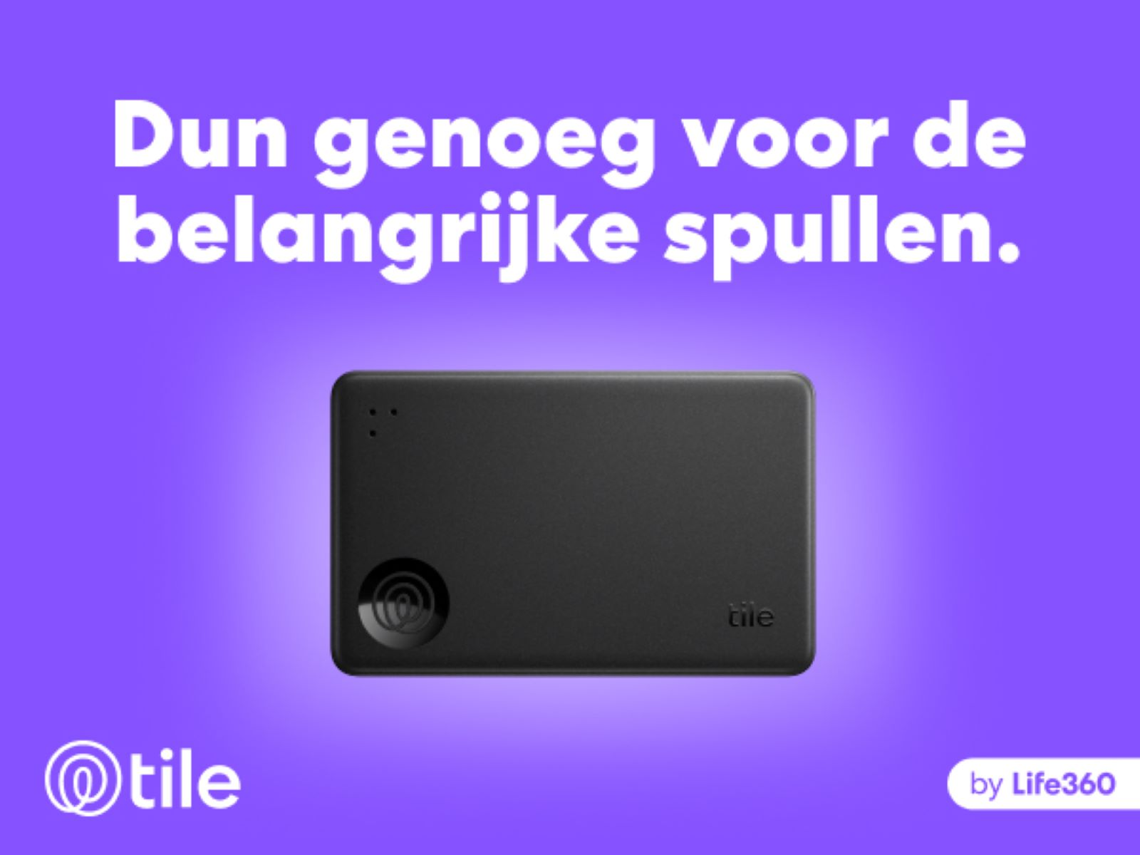 Black Tile tracker on a purple background, with text and Tile logo.