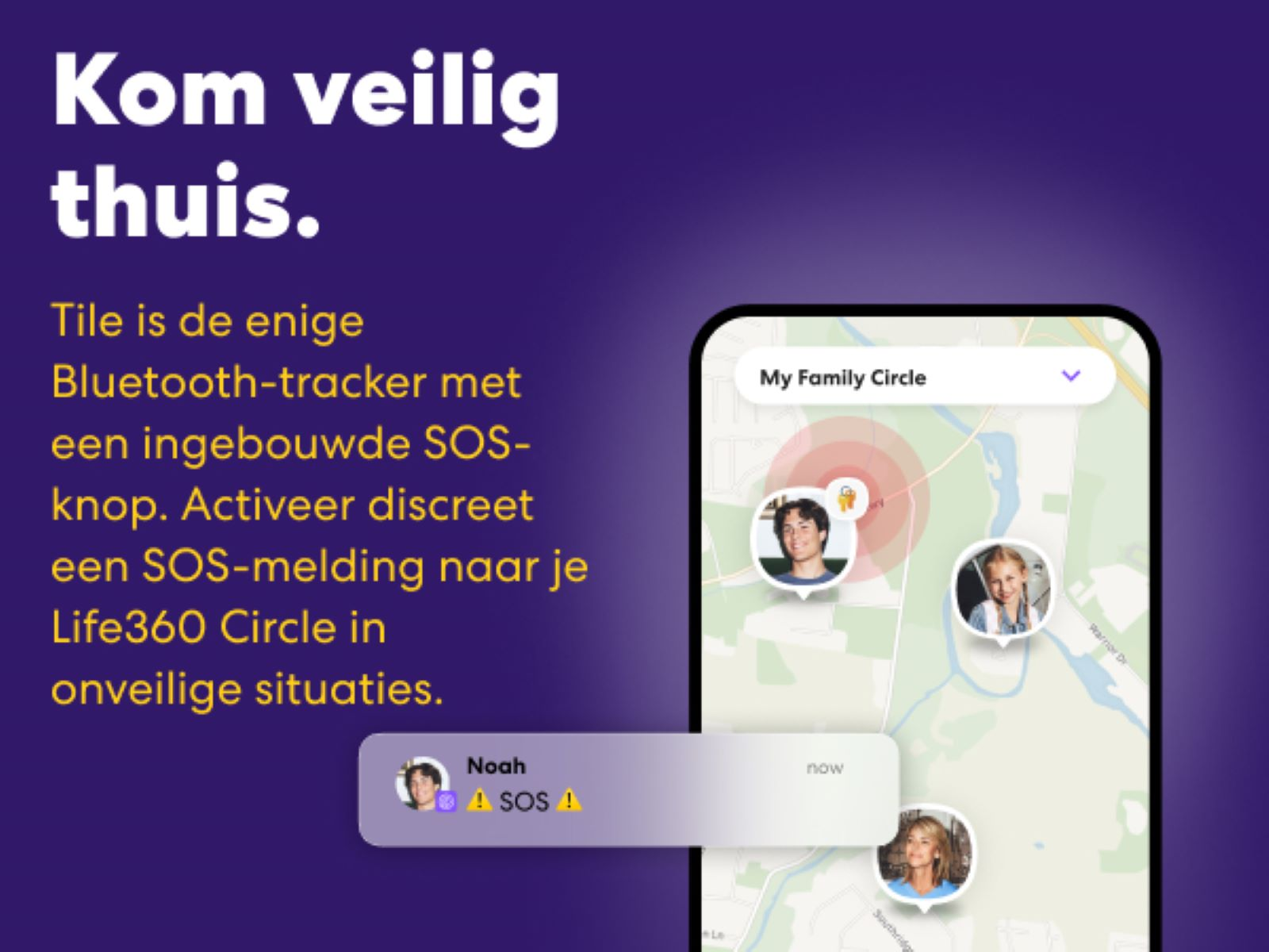 App ad with text and map. Shows family members on a map, with SOS alert.