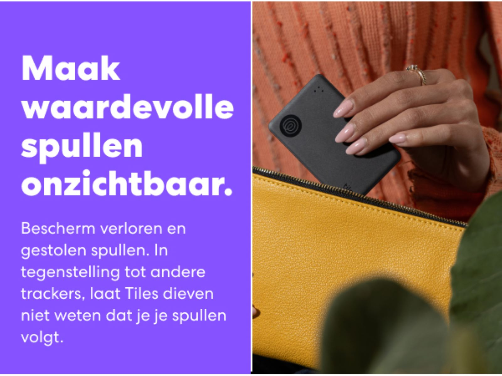 A person's hand holding a black tracker in a yellow purse. Text on the left says, 'Make valuables invisible'.