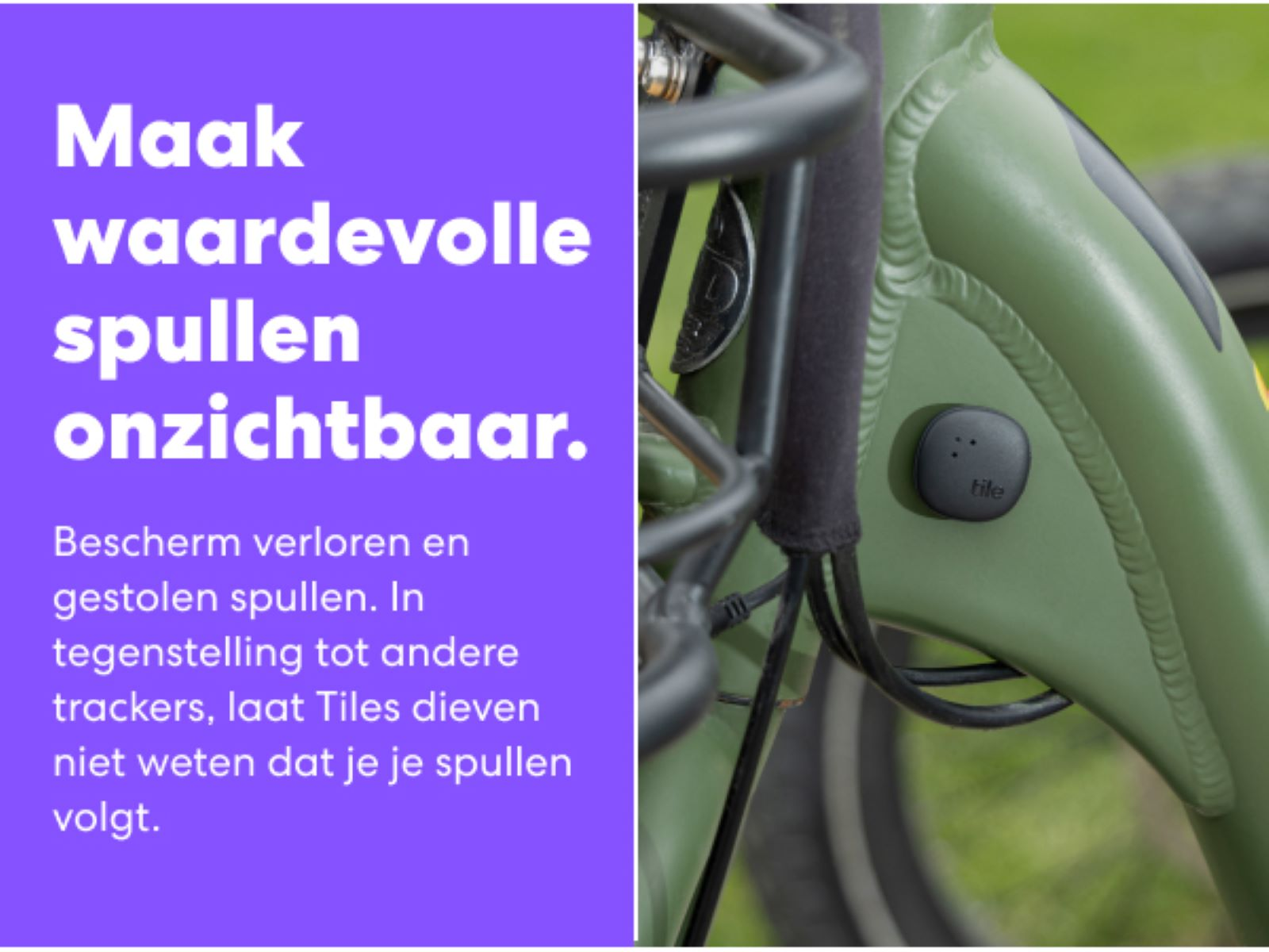 Bike frame with Tile tracker attached. Text on a purple box: Make valuables invisible.
