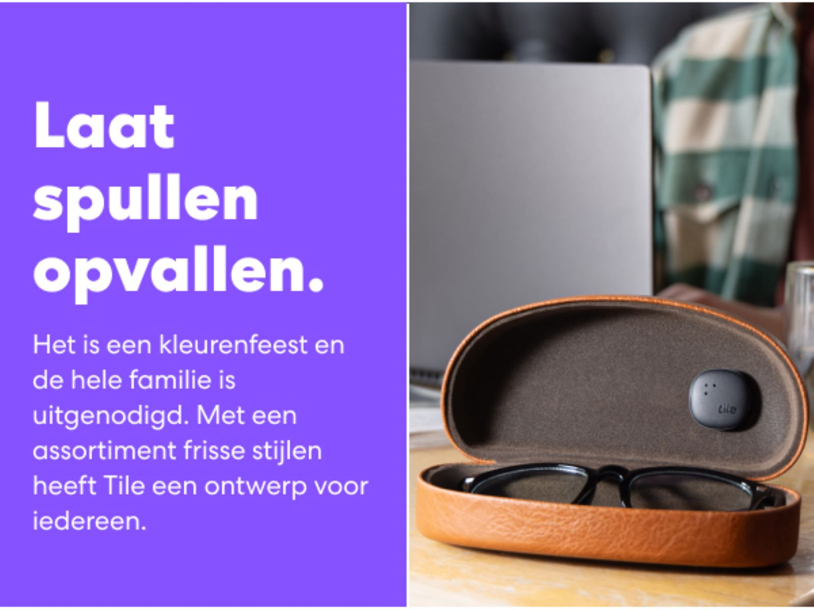 Image with text and accessories, glasses in a brown case with a Tile device.