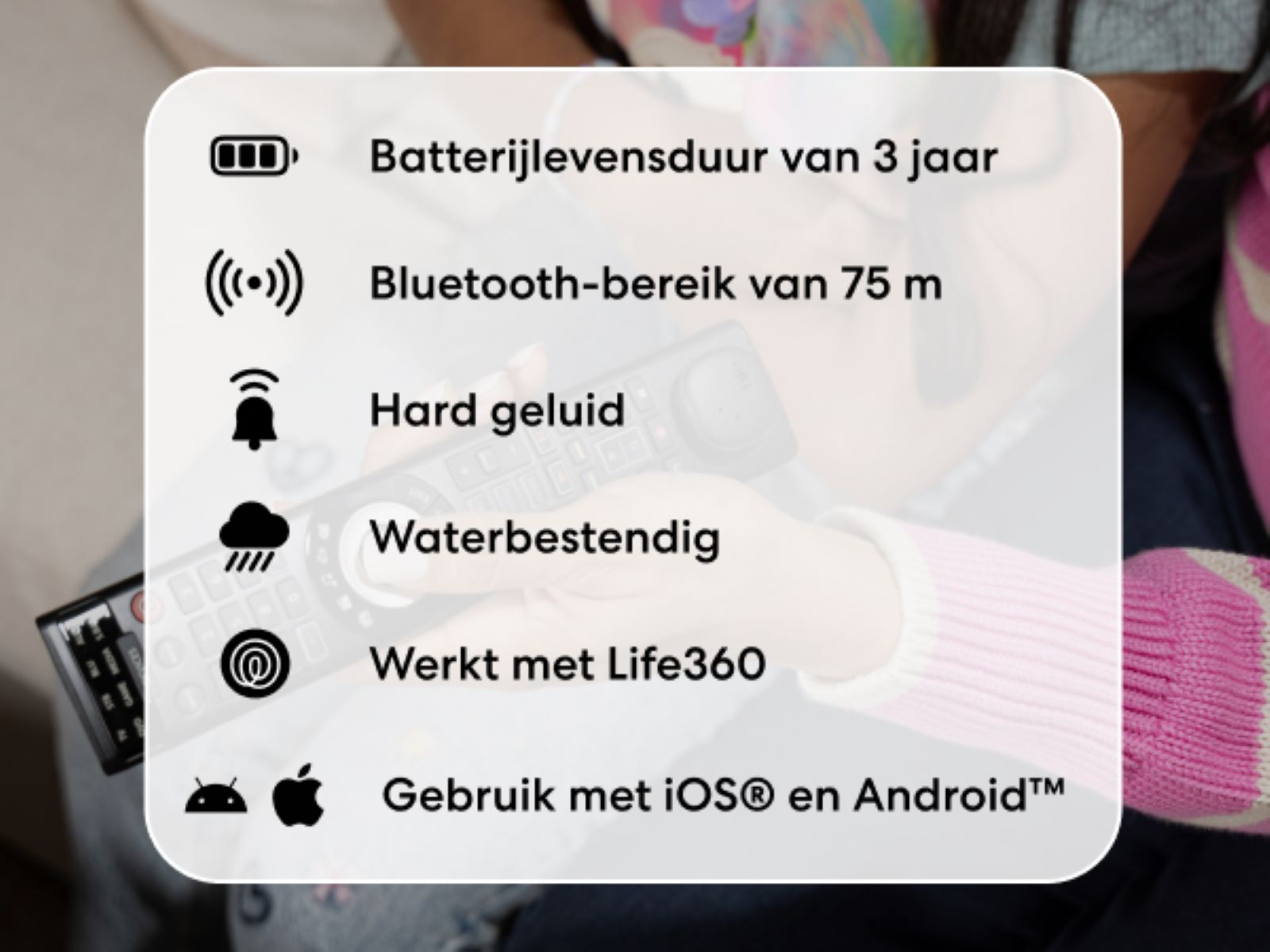 Image with text describing features of a remote. Features include battery life, waterproof, and life360.