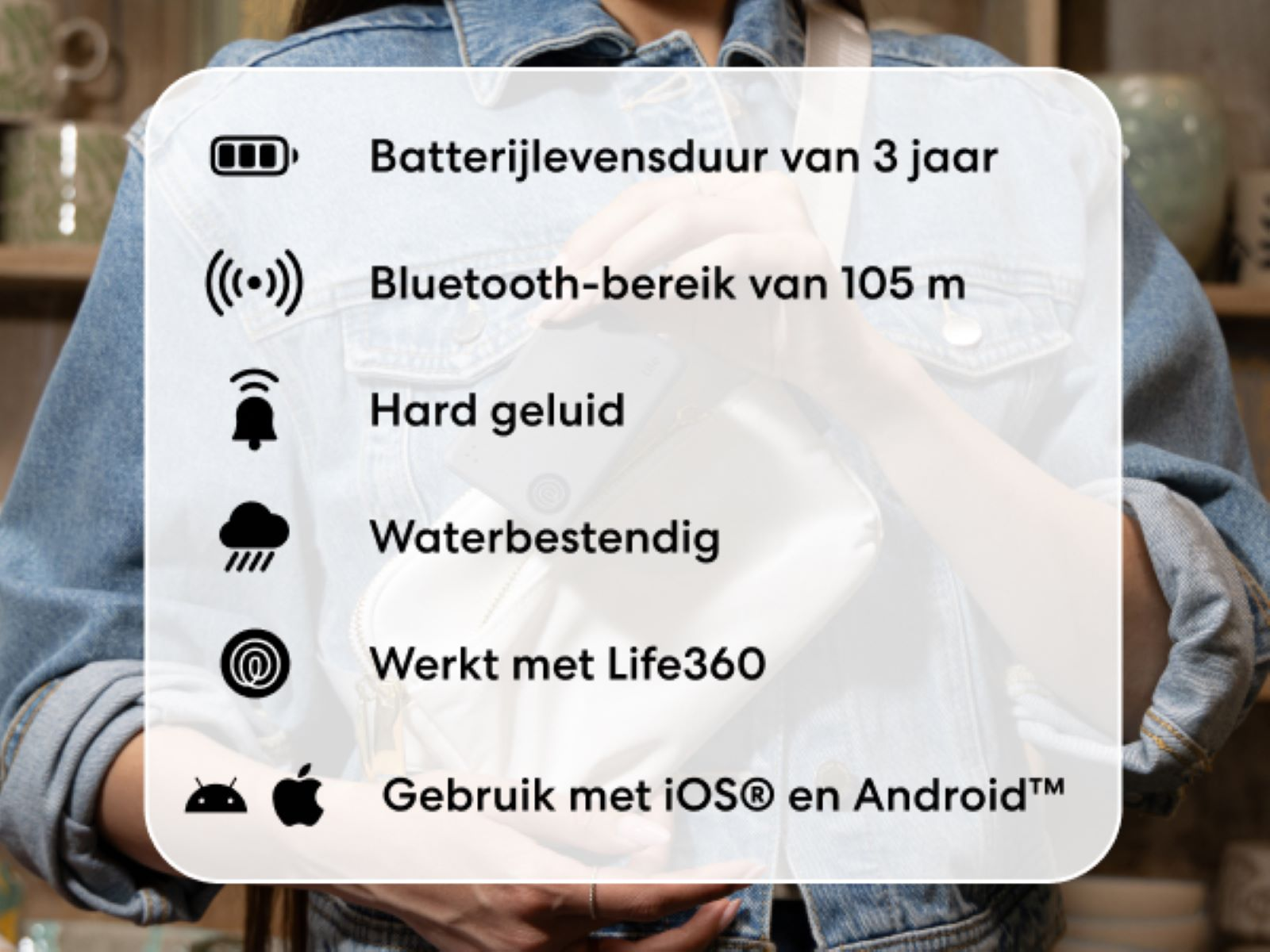 Woman with information panel on product features: battery, bluetooth, water resistance, and more.