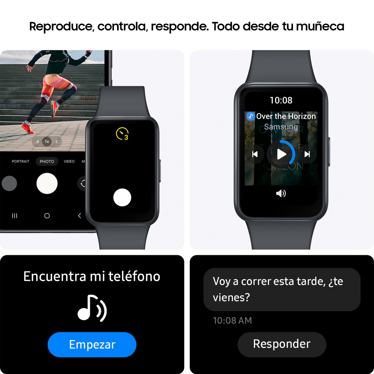 Schermo dell'orologio che mostra i controlli musicali e i messaggi di testo. C'è un uomo che corre sullo schermo del telefono.