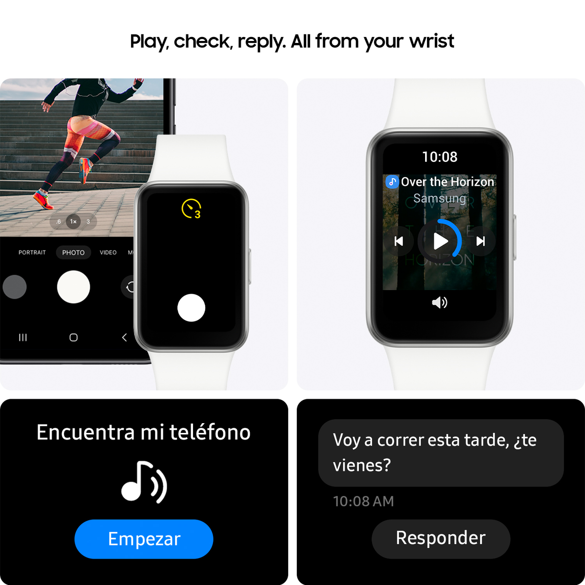 Eine Smartwatch, die Musiksteuerungen, ein Telefon mit Timer und eine Textnachricht anzeigt.