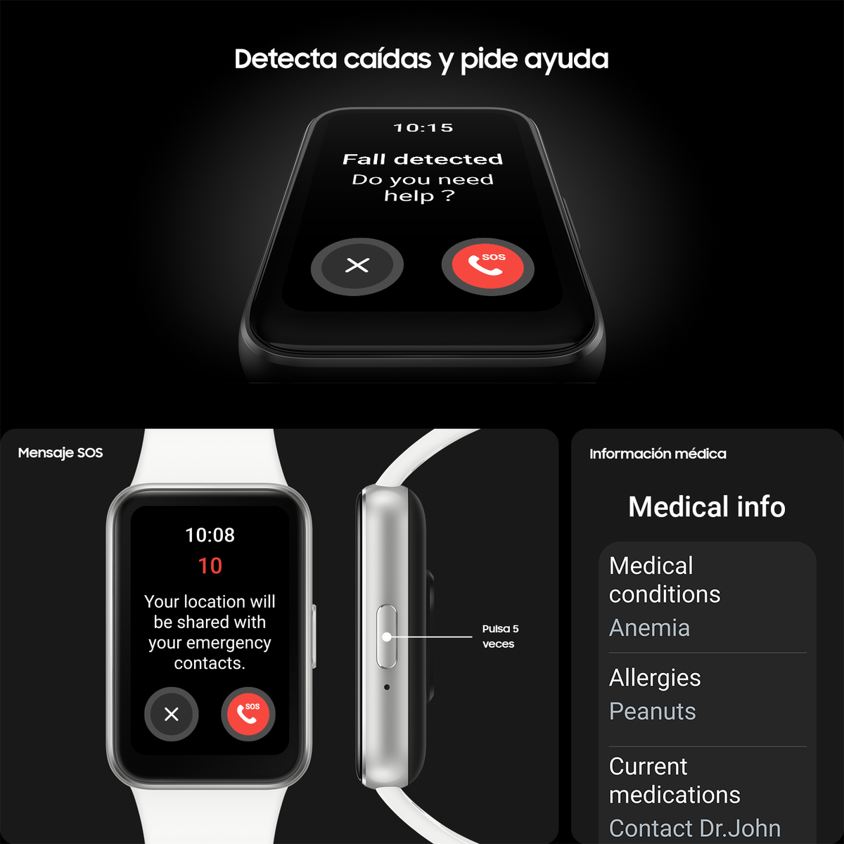 Smartwatch mit Sturzerkennung, Notruffunktion und Anzeige medizinischer Informationen.
