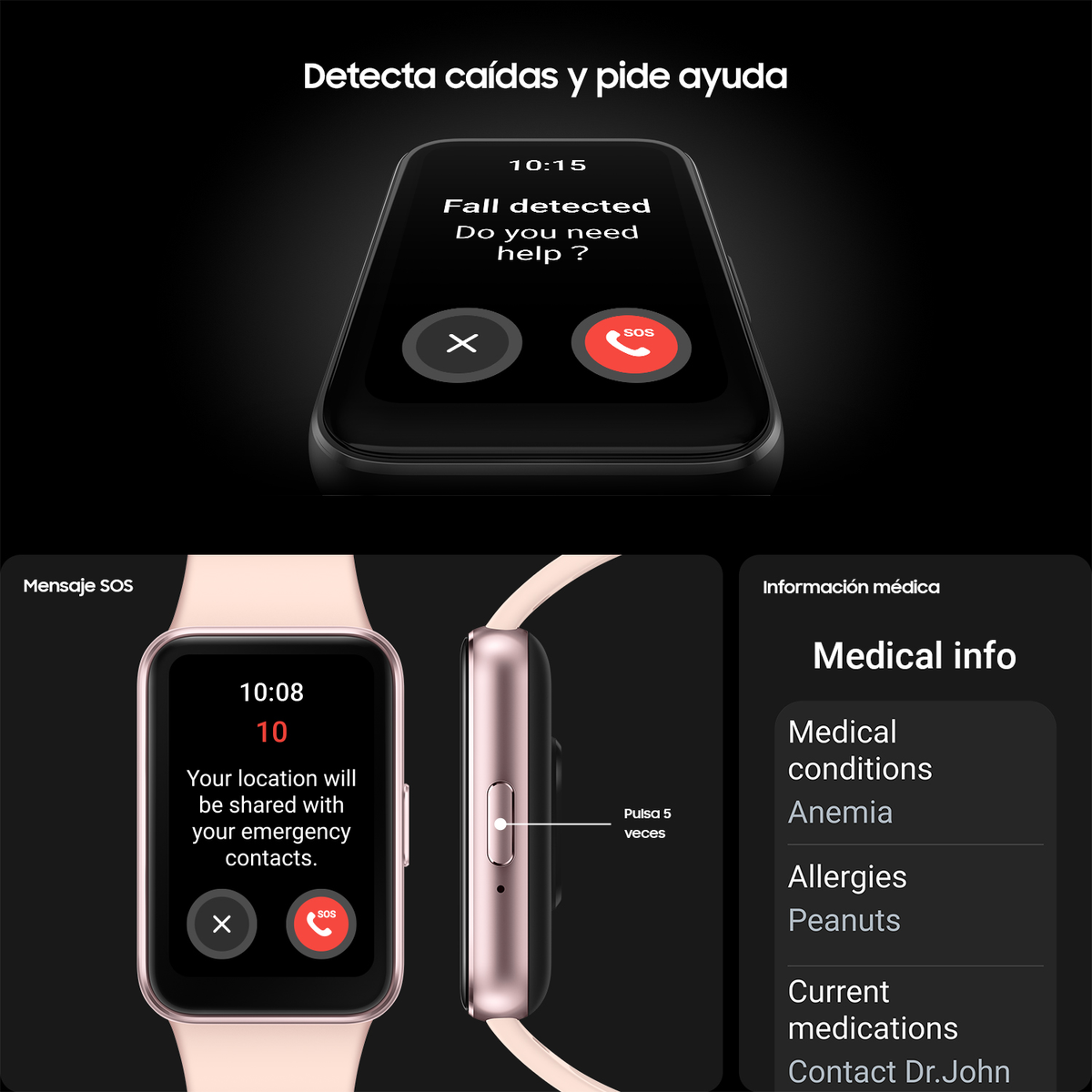 Smartwatch che mostra il rilevamento cadute e informazioni mediche con cinturino rosa.