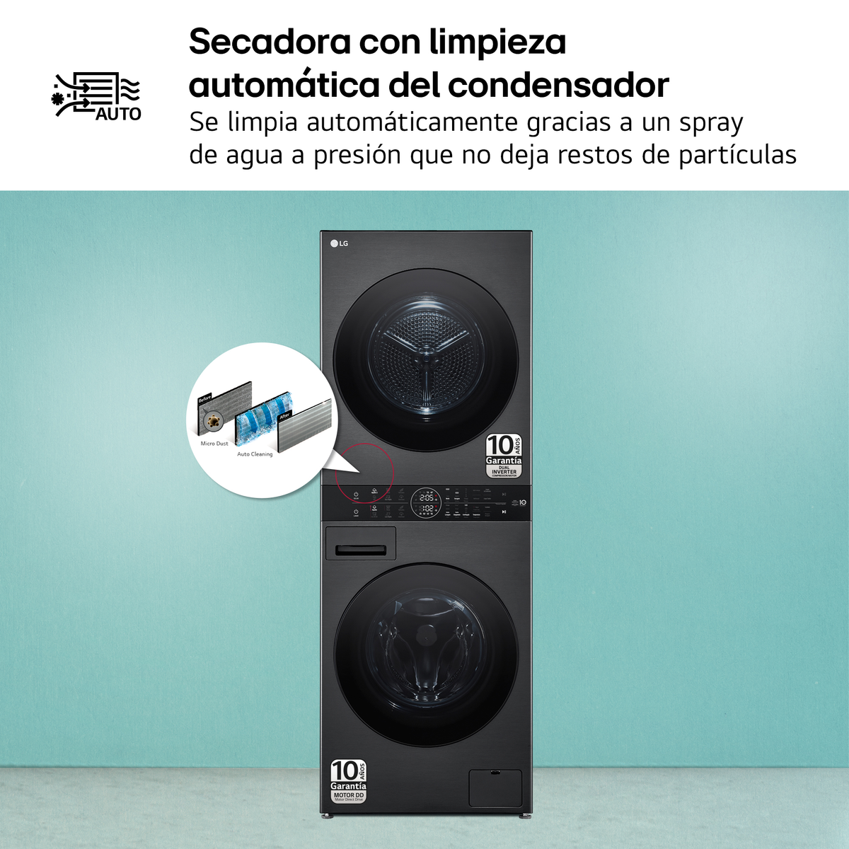 Czarna pralka i suszarka LG ułożone w stos, z tekstem i ikonami wskazującymi funkcje i gwarancję.