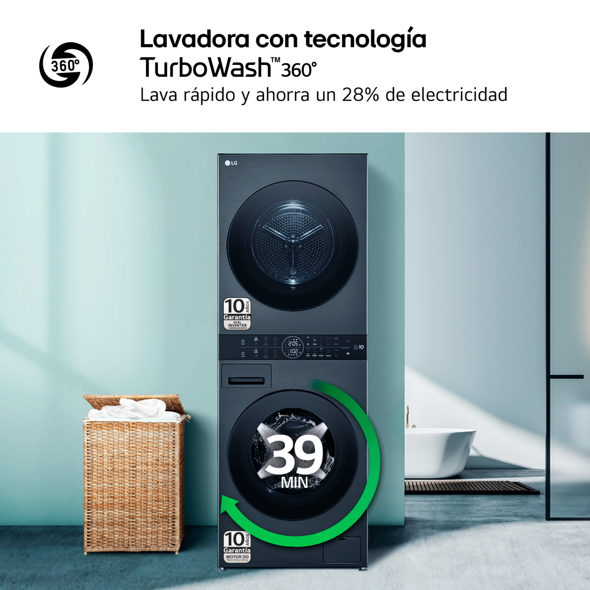 Ułożona w stos pralka i suszarka LG z koszem na pranie i łazienką.