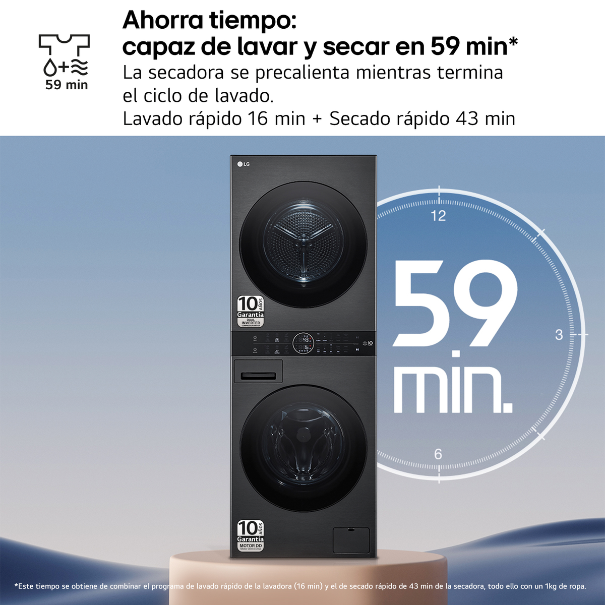 Pralka i suszarka LG, pokazujące 59-minutowy cykl prania i suszenia na timerze.