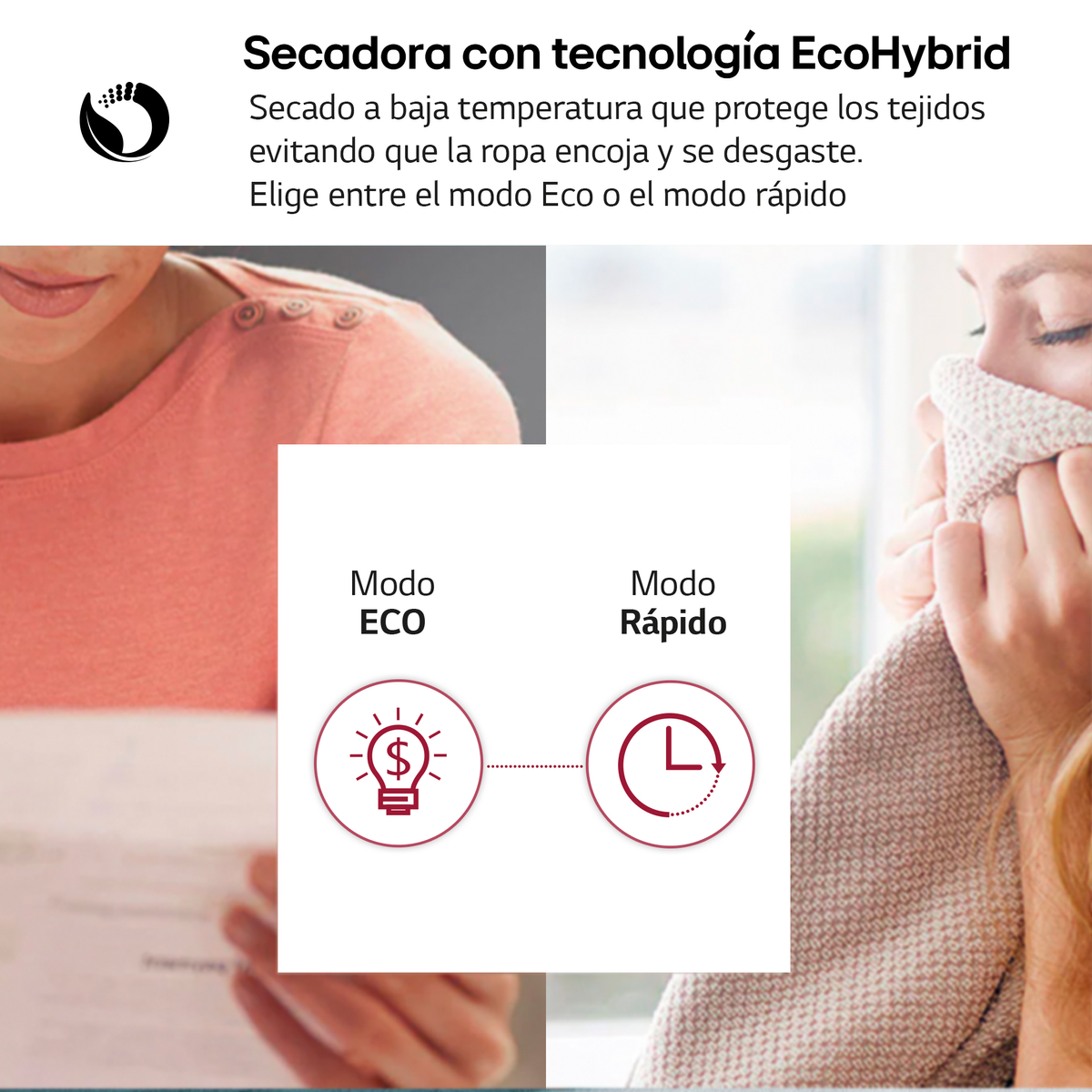 Kobieta trzyma białą szmatkę. Tryby Eco i Szybki pokazane z żarówką i zegarem.