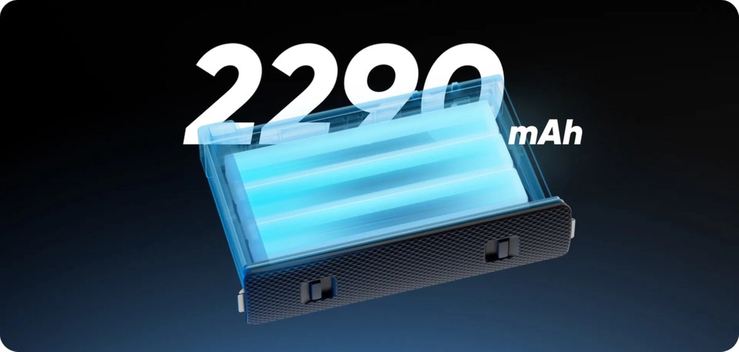Une batterie rectangulaire avec le texte '2290 mAh' sur fond bleu foncé.