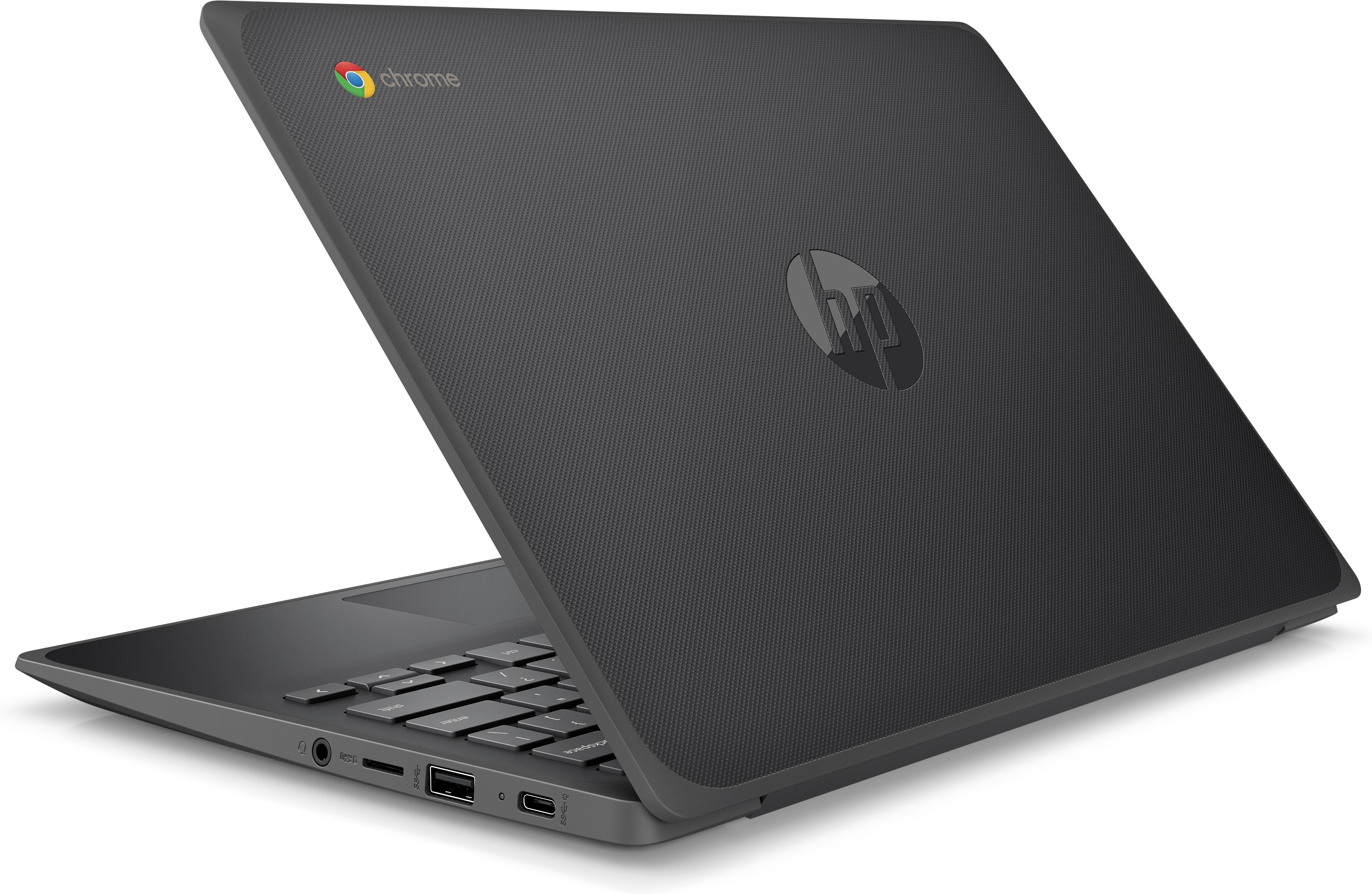 Laptop HP Chromebook negro, parcialmente abierto. El logotipo de Chrome es visible arriba a la izquierda.