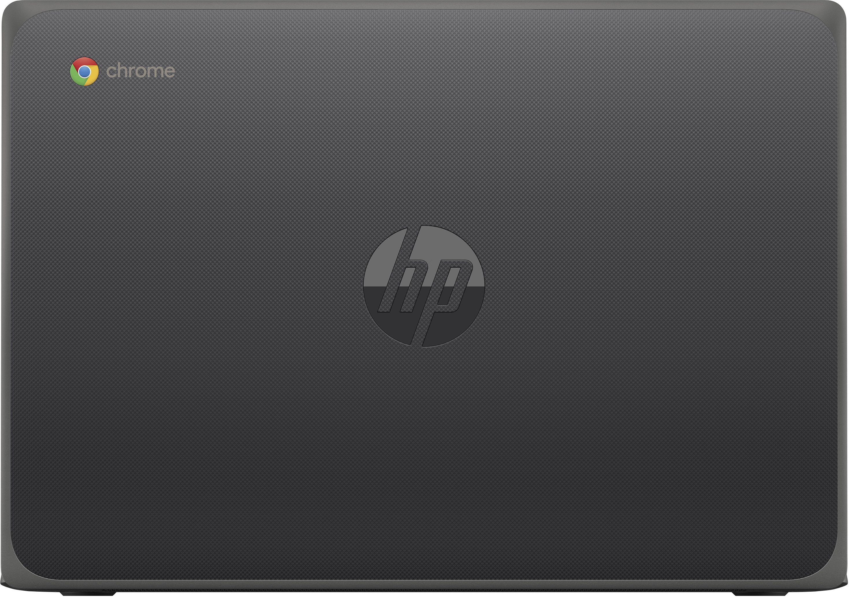 Laptop HP Chromebook negro, cerrado. Logotipo Chrome arriba.
