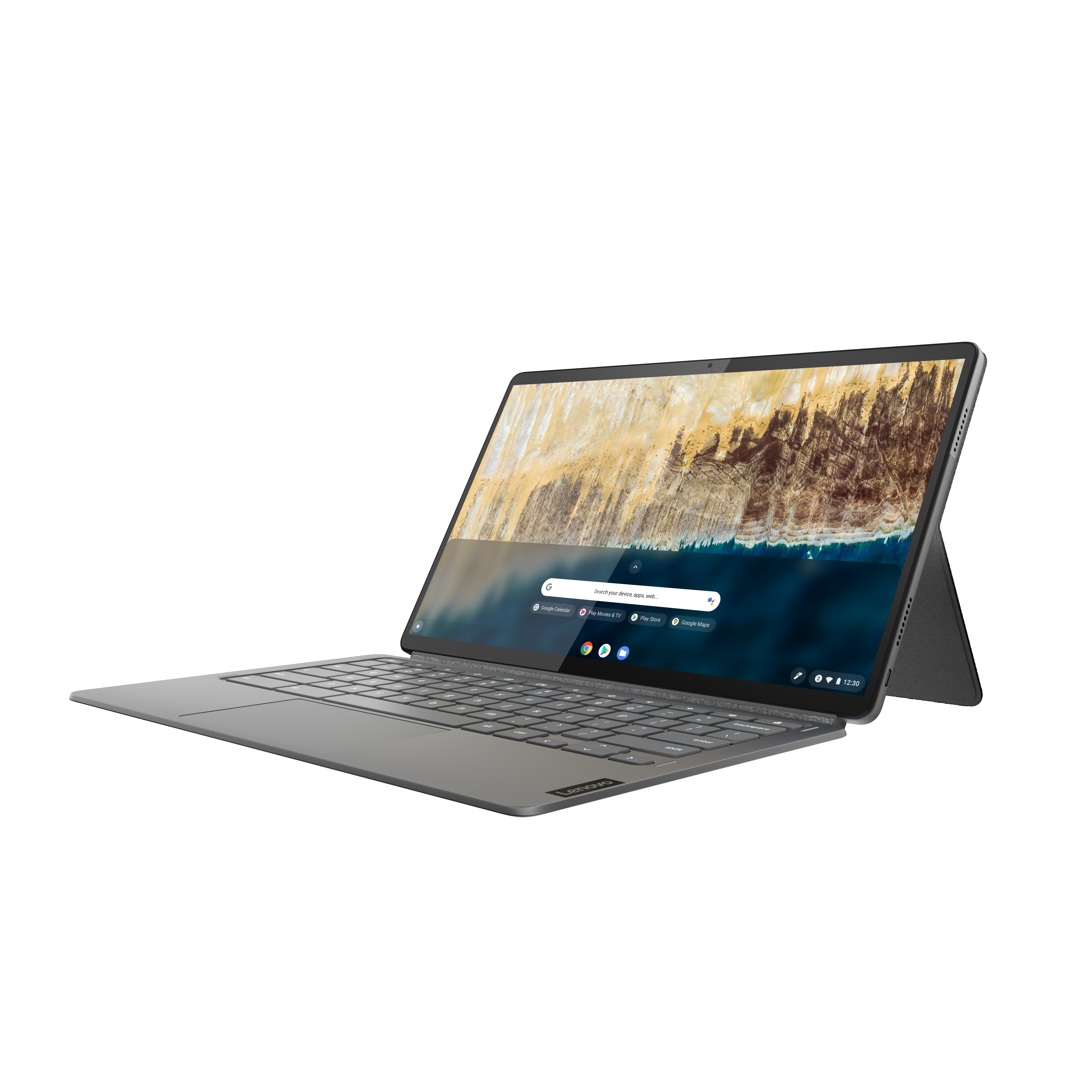 Ein silbernes Tablet mit einer grauen Tastatur auf weißem Hintergrund, wobei der Bildschirm eine Oberfläche zeigt.
