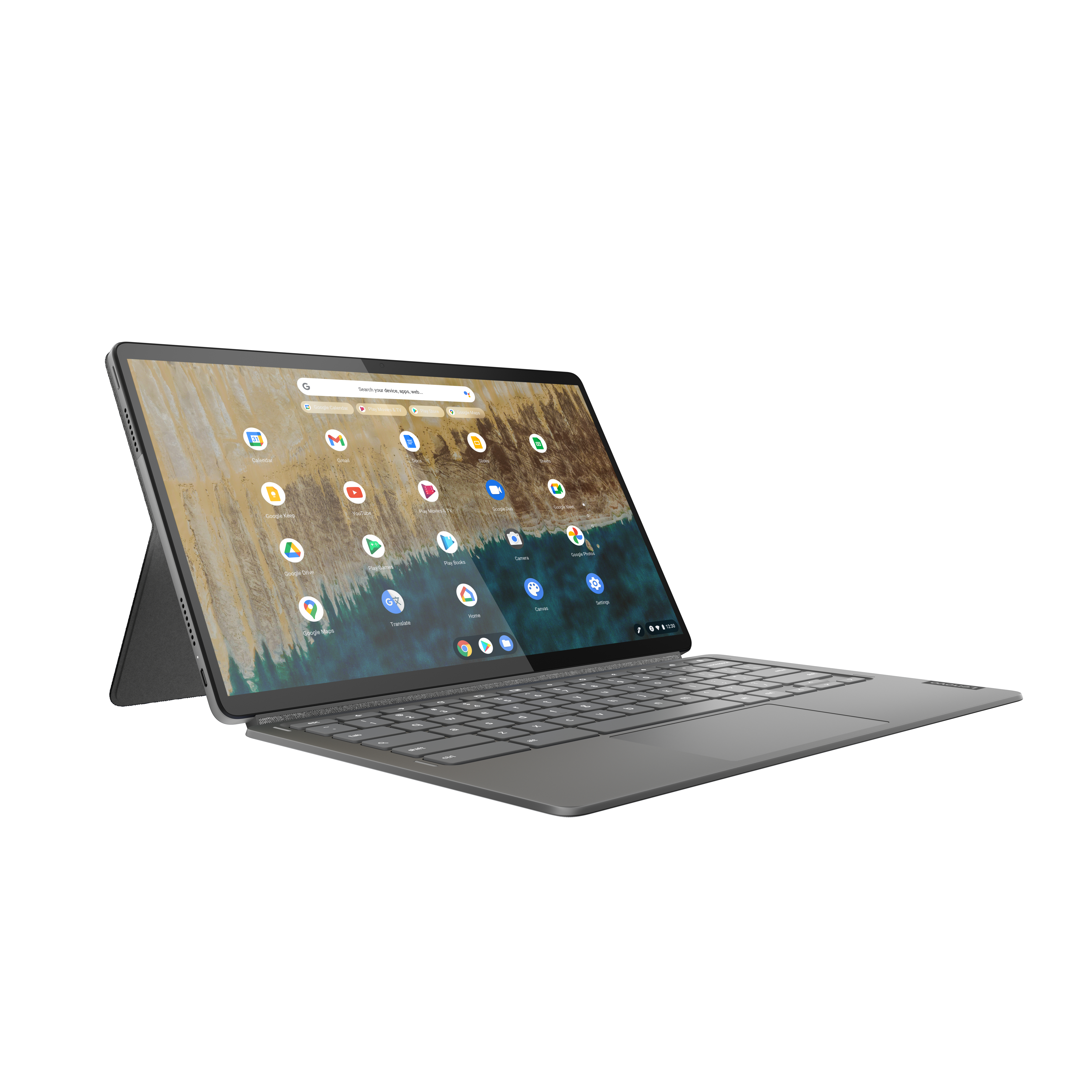 Graues Tablet mit Tastatur, geöffnet. Bildschirm zeigt App-Symbole vor verschwommenem Hintergrund.