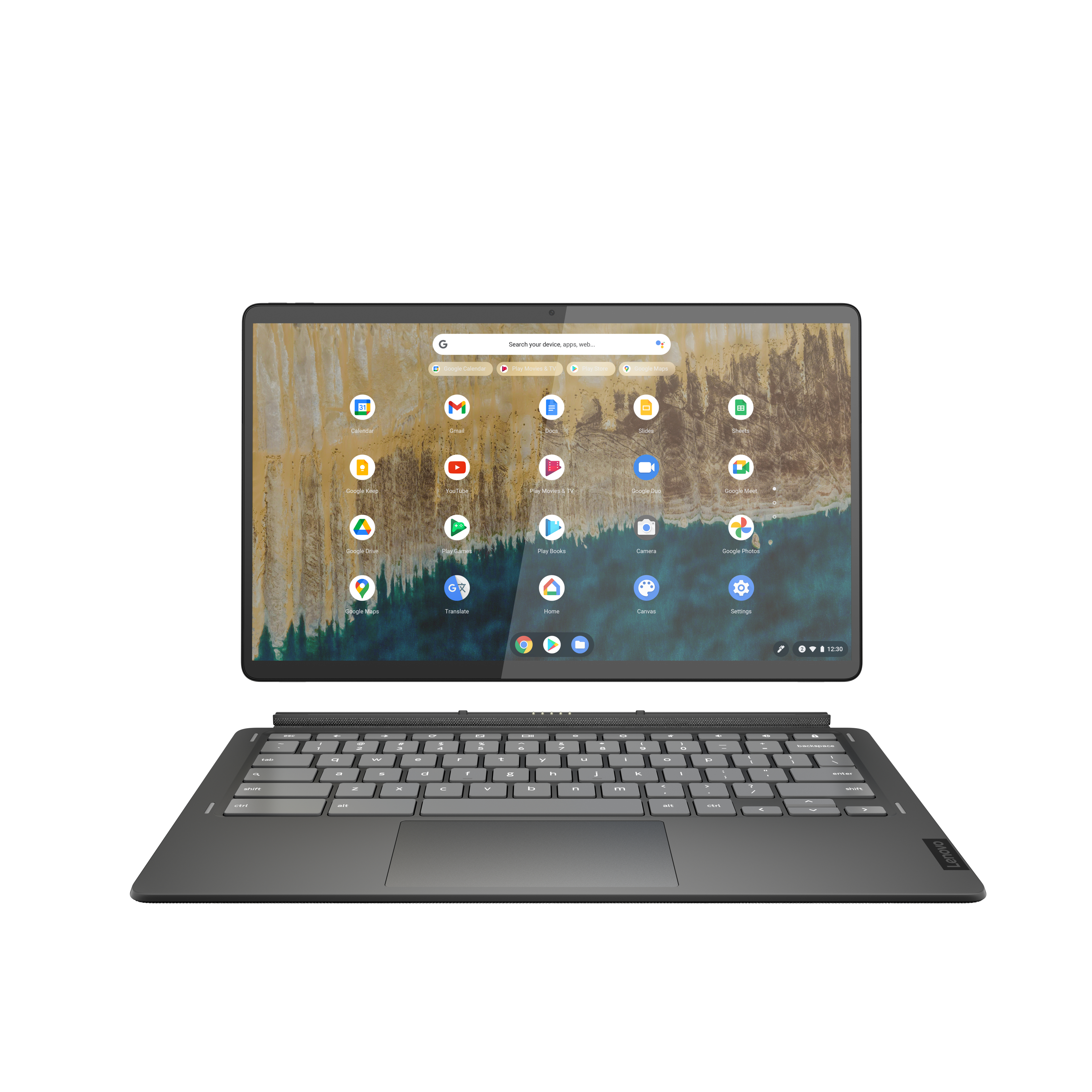 Ein Tablet mit Tastatur. Der Bildschirm zeigt App-Symbole und die Uhrzeit 11:08.