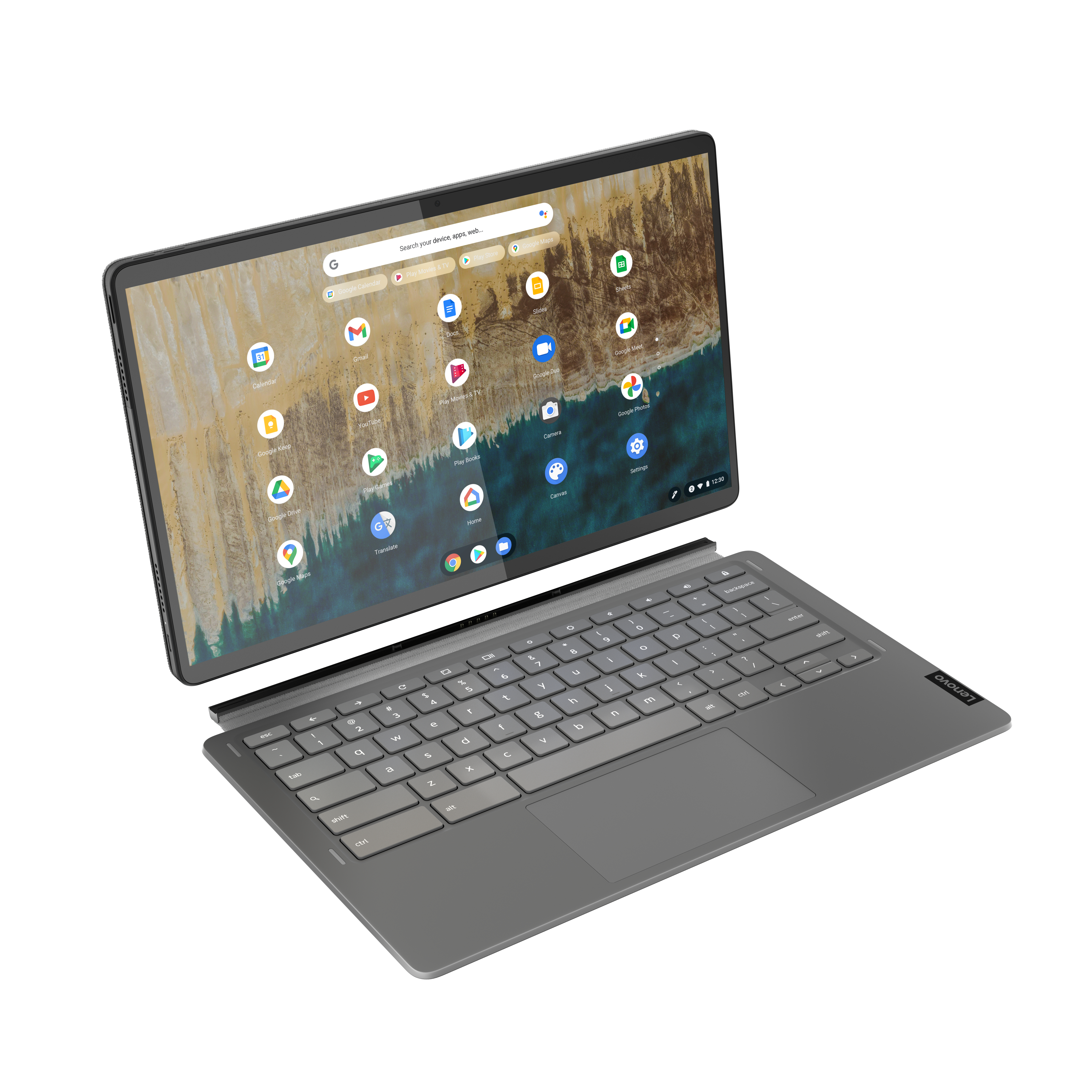 Lenovo Chromebook Tablet mit Tastatur, zeigt Apps und Suchleiste.