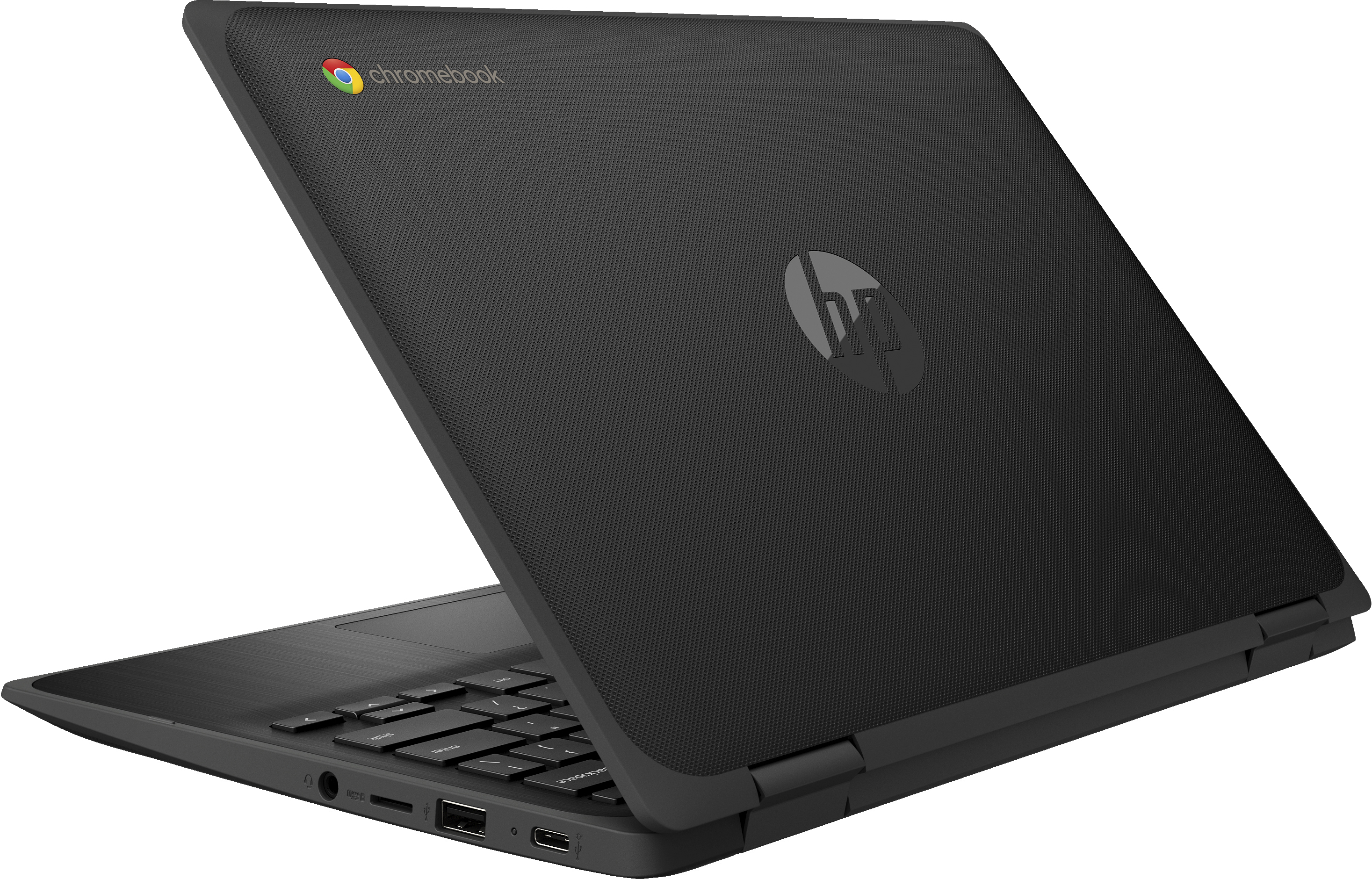 Un HP Chromebook negro, cerrado, con el logo en la tapa, contra un fondo blanco.