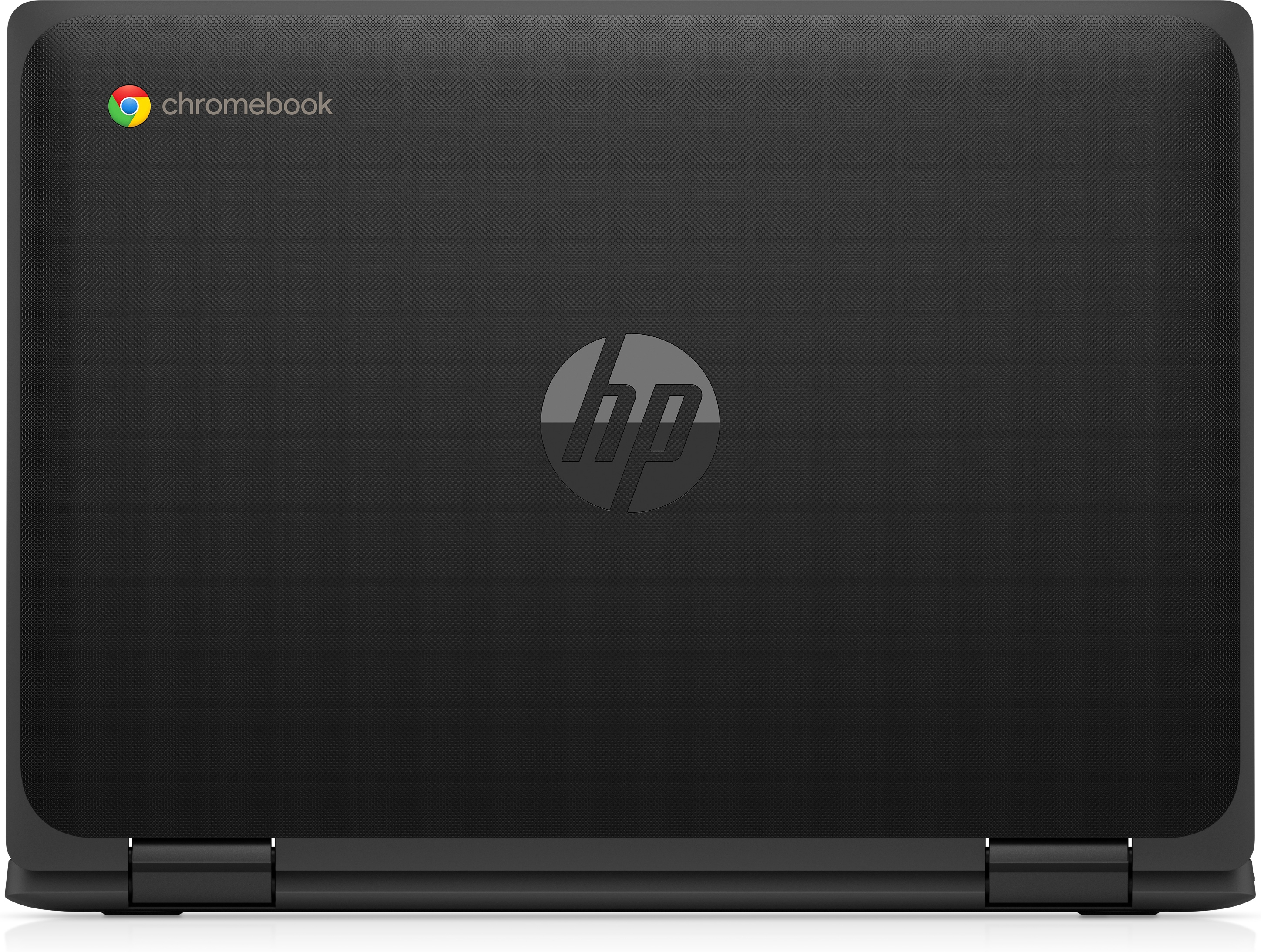 HP Chromebook negro, cerrado, con el logotipo de HP en la tapa. Fondo blanco.