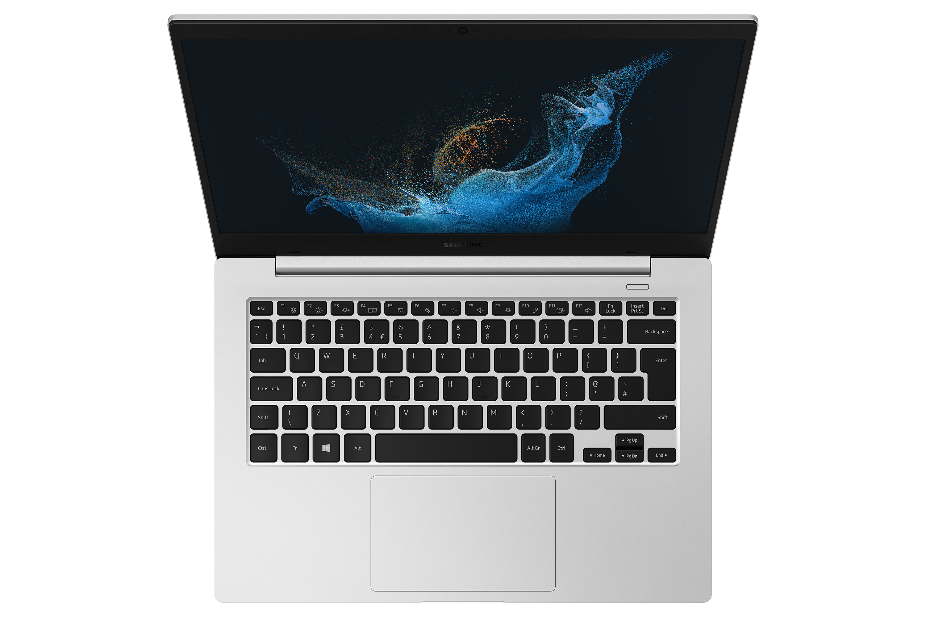 Widok z góry na srebrny laptop z klawiaturą i ekranem wyświetlającym sztukę abstrakcyjną.