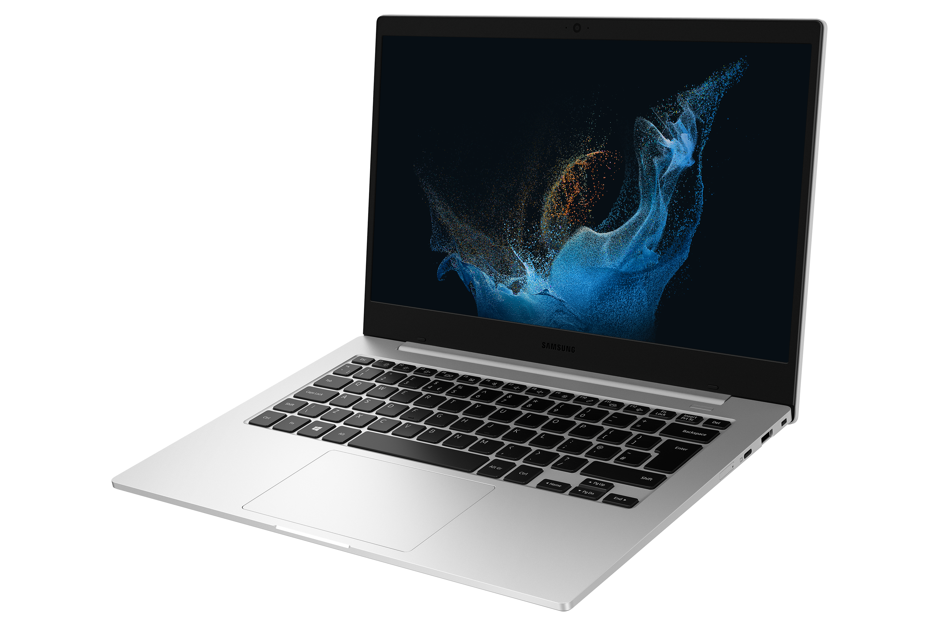 Czerwono-czarny laptop, otwarty, z ekranem Windows. Białe tło.
