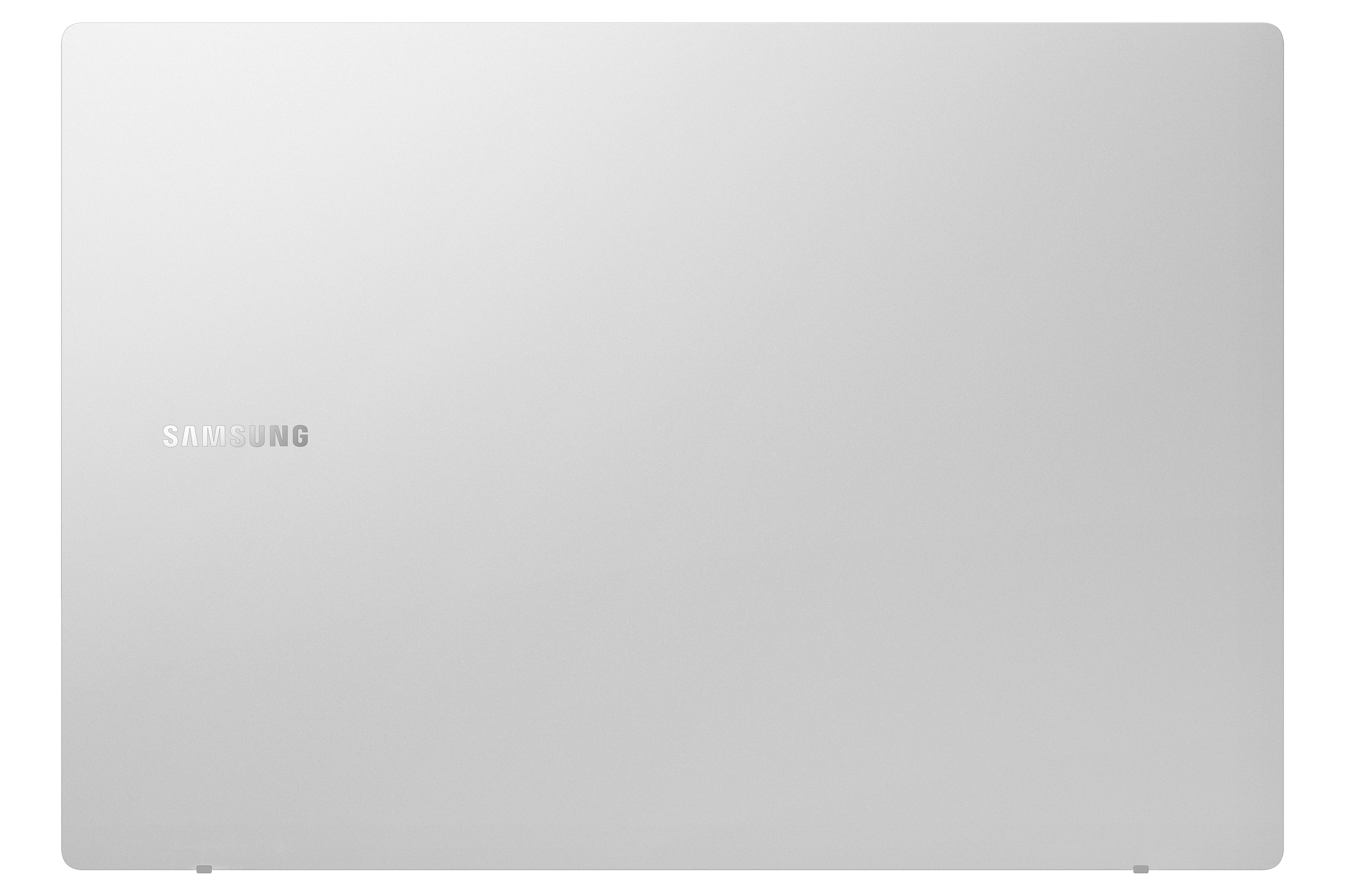 Widoczny jest tył białego laptopa Samsung z logo Samsung.