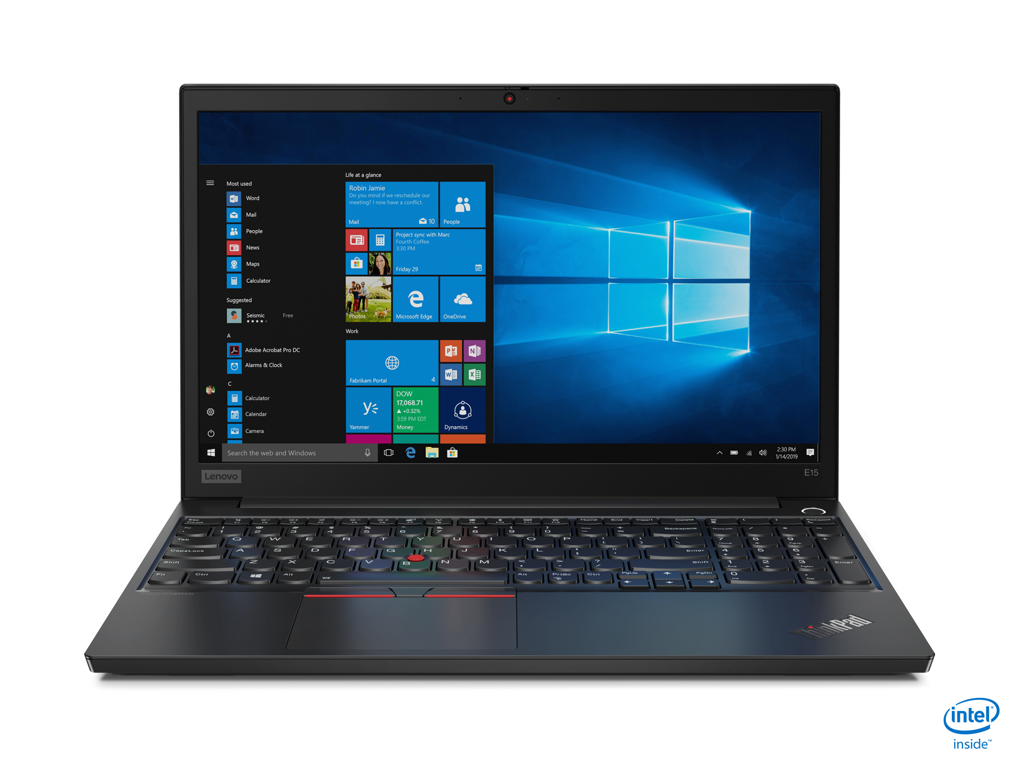 Schwarzes Lenovo Laptop, offen, Windows Desktop sichtbar. Intel inside Logo.