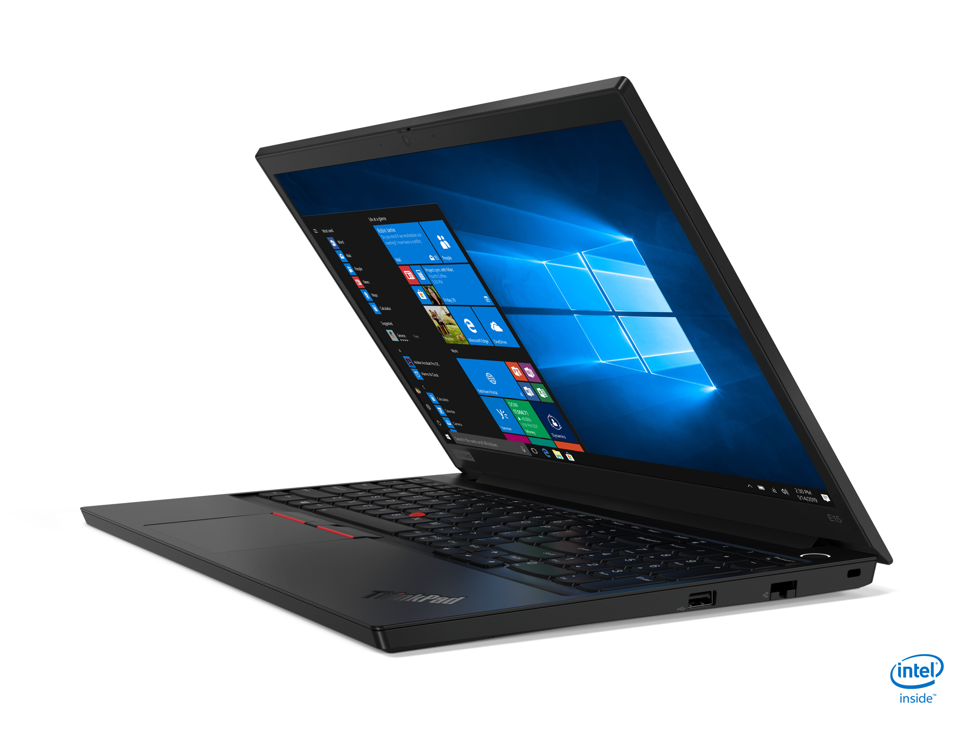 Schwarzer Lenovo Laptop, offen, zeigt Bildschirm. Schwarze Tastatur. Weißer Hintergrund.