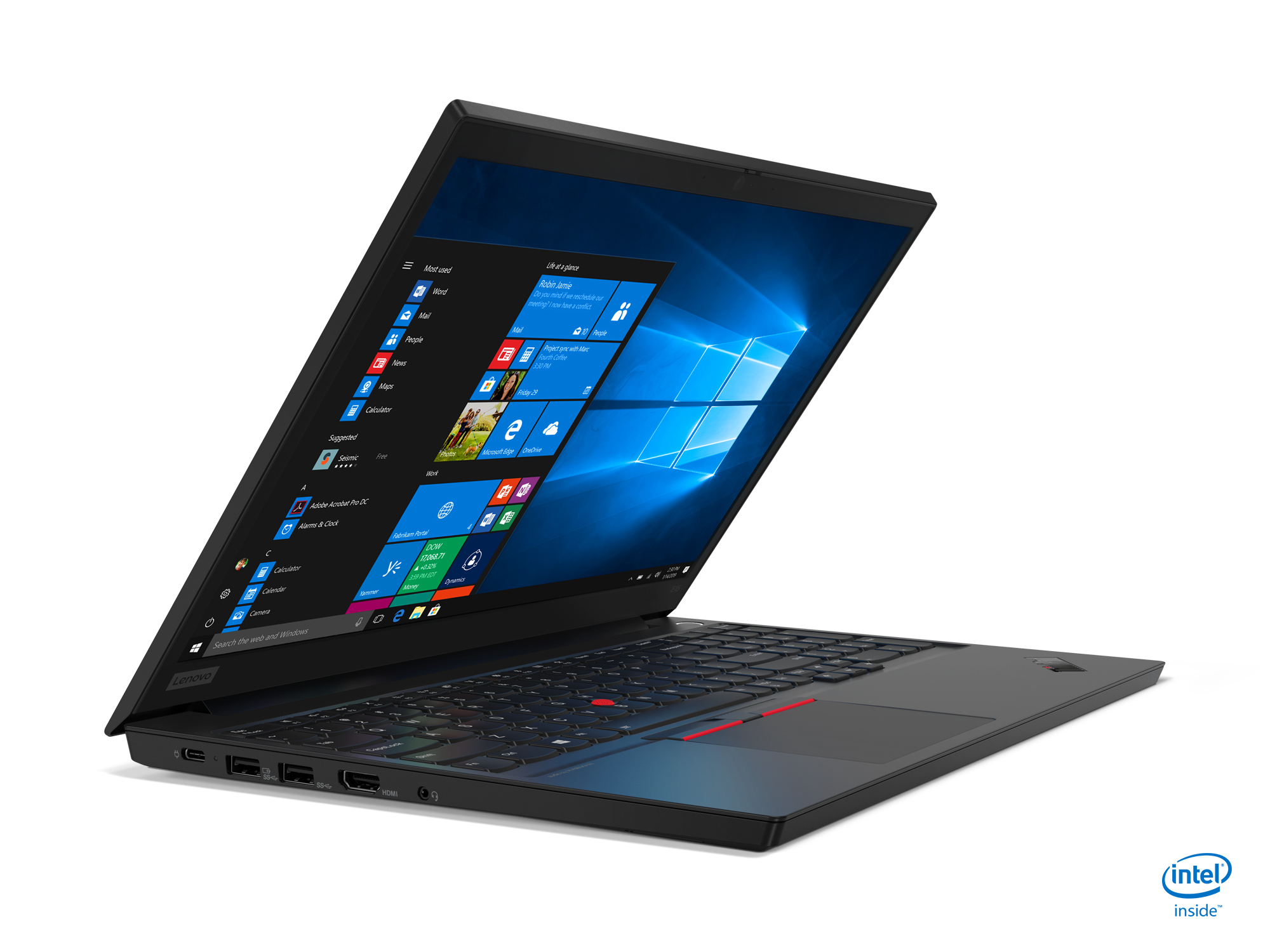 Schwarzer Laptop auf weißer Oberfläche. Der Bildschirm zeigt Windows. Tastatur und Touchpad sichtbar.
